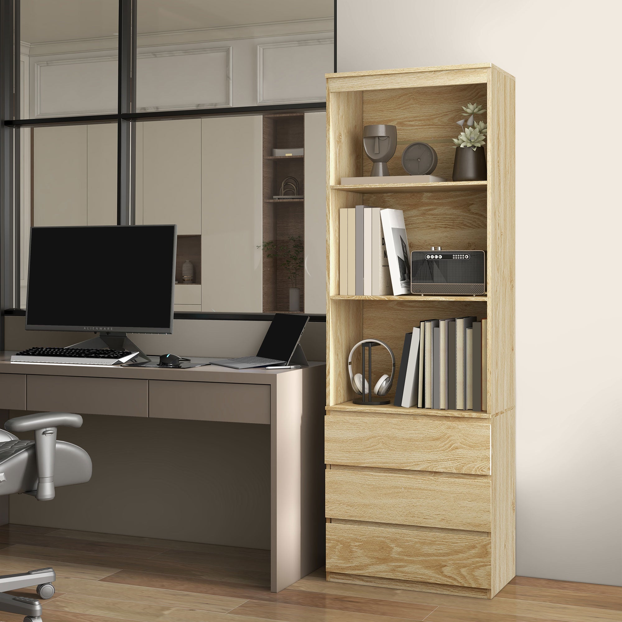 High Bookcase Storage Unit of 180 cm with 3 Shelves and 3 Drawers in Natural Wood Effect 60 x 35 x 180 cm Natural wood effect
