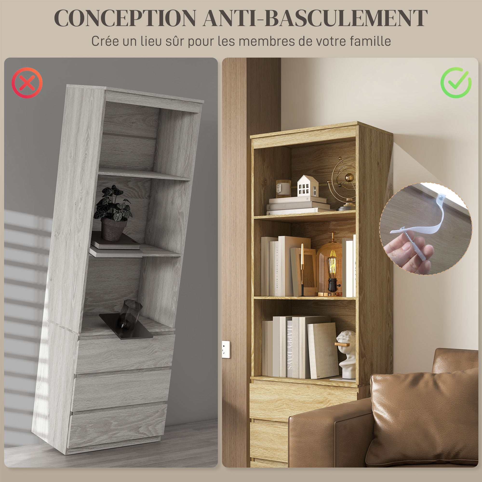 High Bookcase Storage Unit of 180 cm with 3 Shelves and 3 Drawers in Natural Wood Effect 60 x 35 x 180 cm Natural wood effect