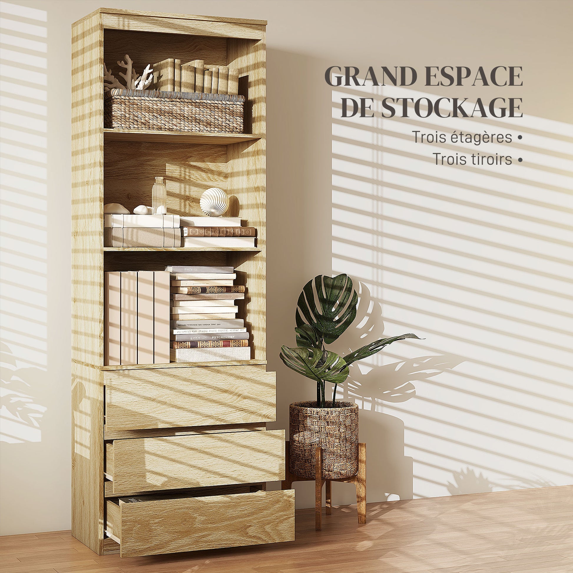High Bookcase Storage Unit of 180 cm with 3 Shelves and 3 Drawers in Natural Wood Effect 60 x 35 x 180 cm Natural wood effect