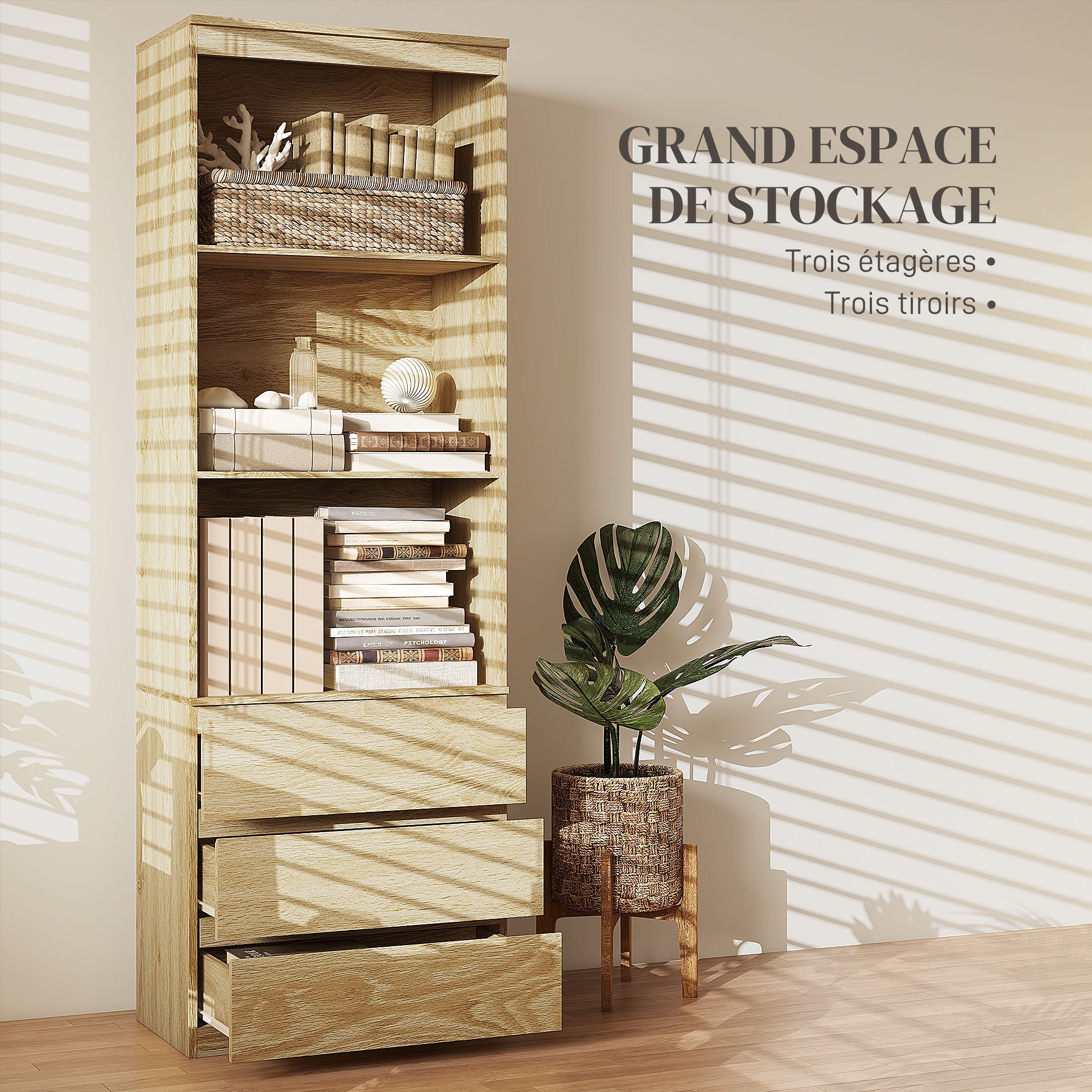 High Bookcase Storage Unit of 180 cm with 3 Shelves and 3 Drawers in Natural Wood Effect 60 x 35 x 180 cm Natural wood effect