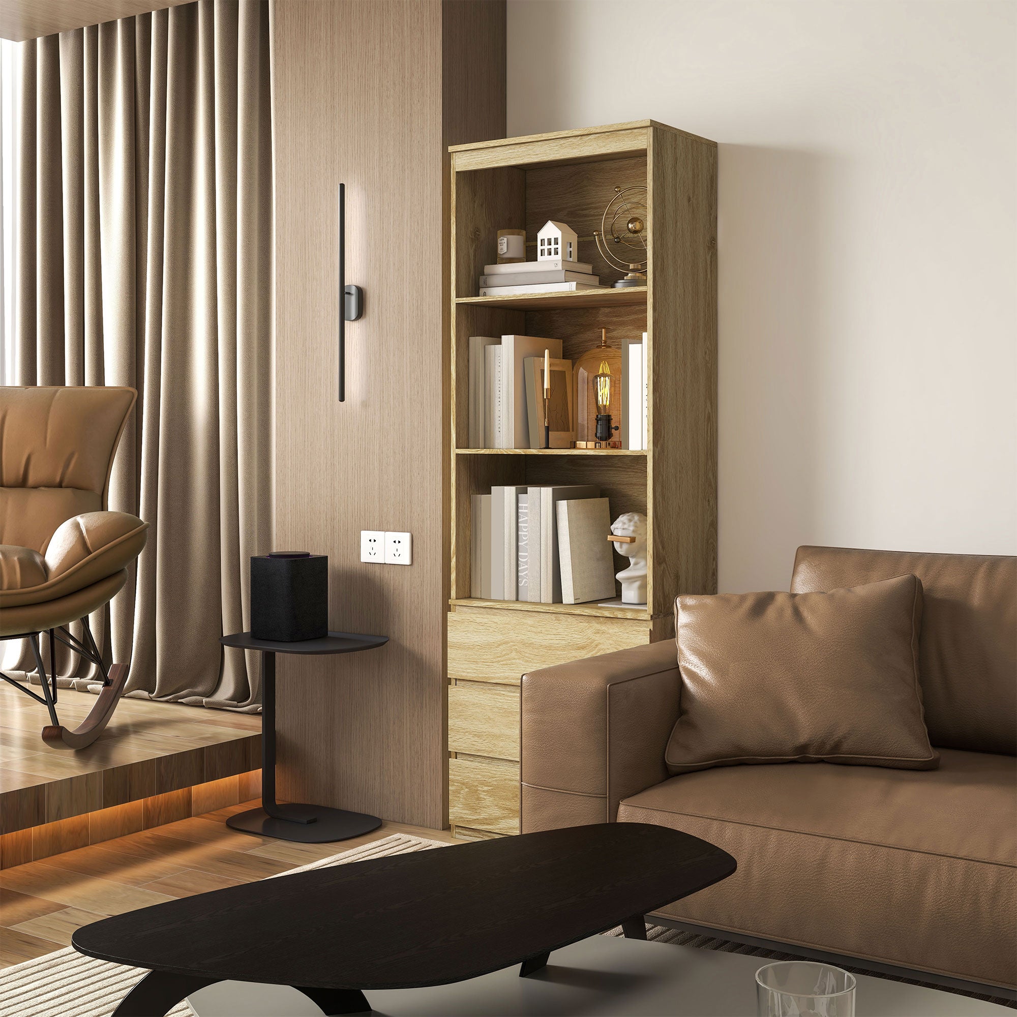 High Bookcase Storage Unit of 180 cm with 3 Shelves and 3 Drawers in Natural Wood Effect 60 x 35 x 180 cm Natural wood effect