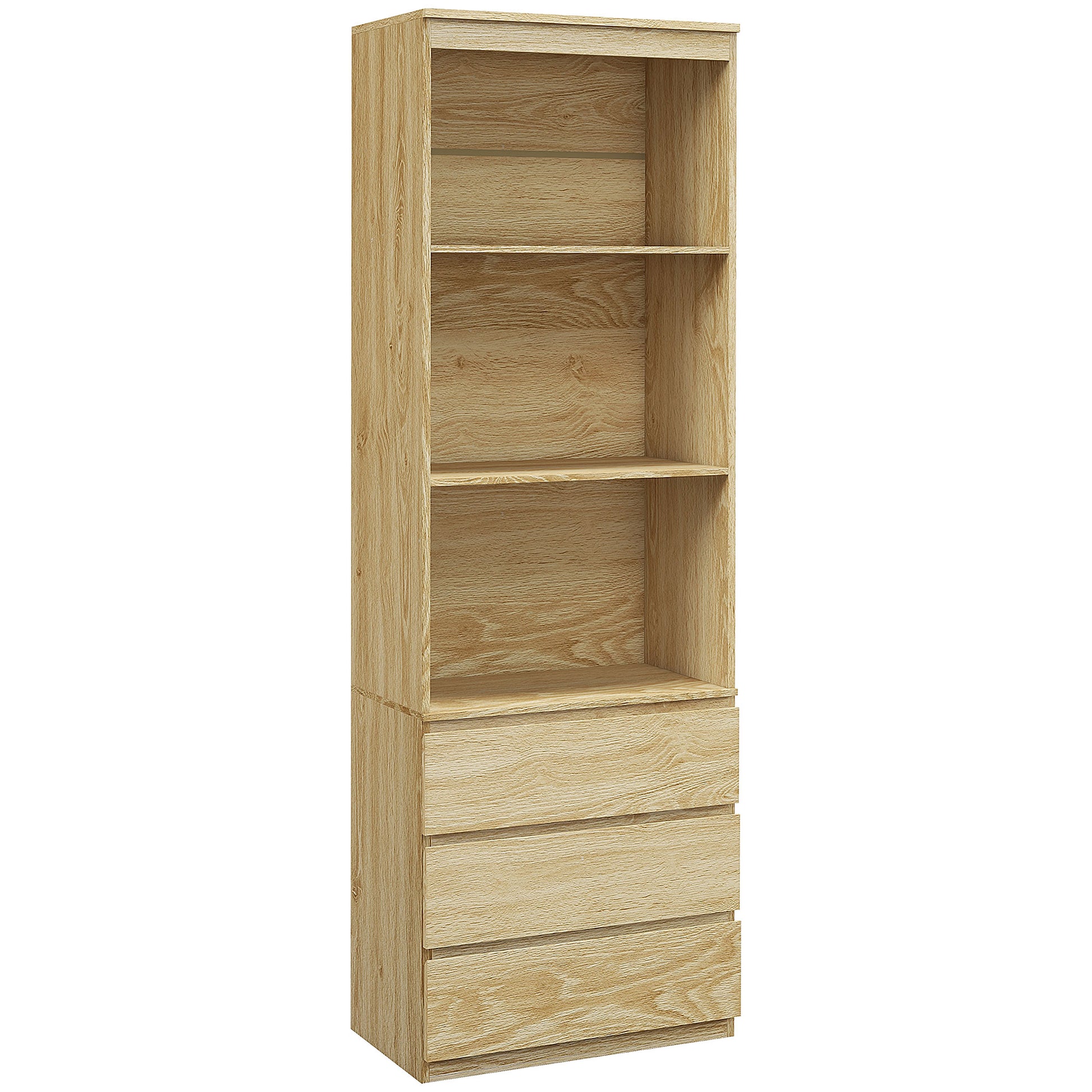 High Bookcase Storage Unit of 180 cm with 3 Shelves and 3 Drawers in Natural Wood Effect 60 x 35 x 180 cm Natural wood effect