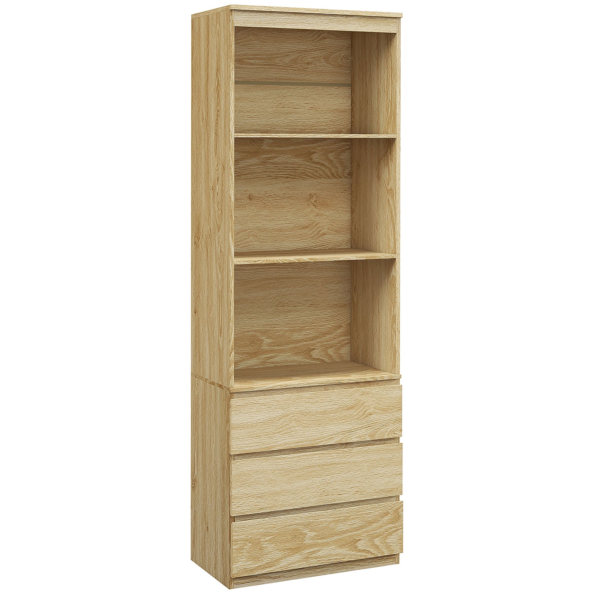 High Bookcase Storage Unit of 180 cm with 3 Shelves and 3 Drawers in Natural Wood Effect 60 x 35 x 180 cm Natural wood effect