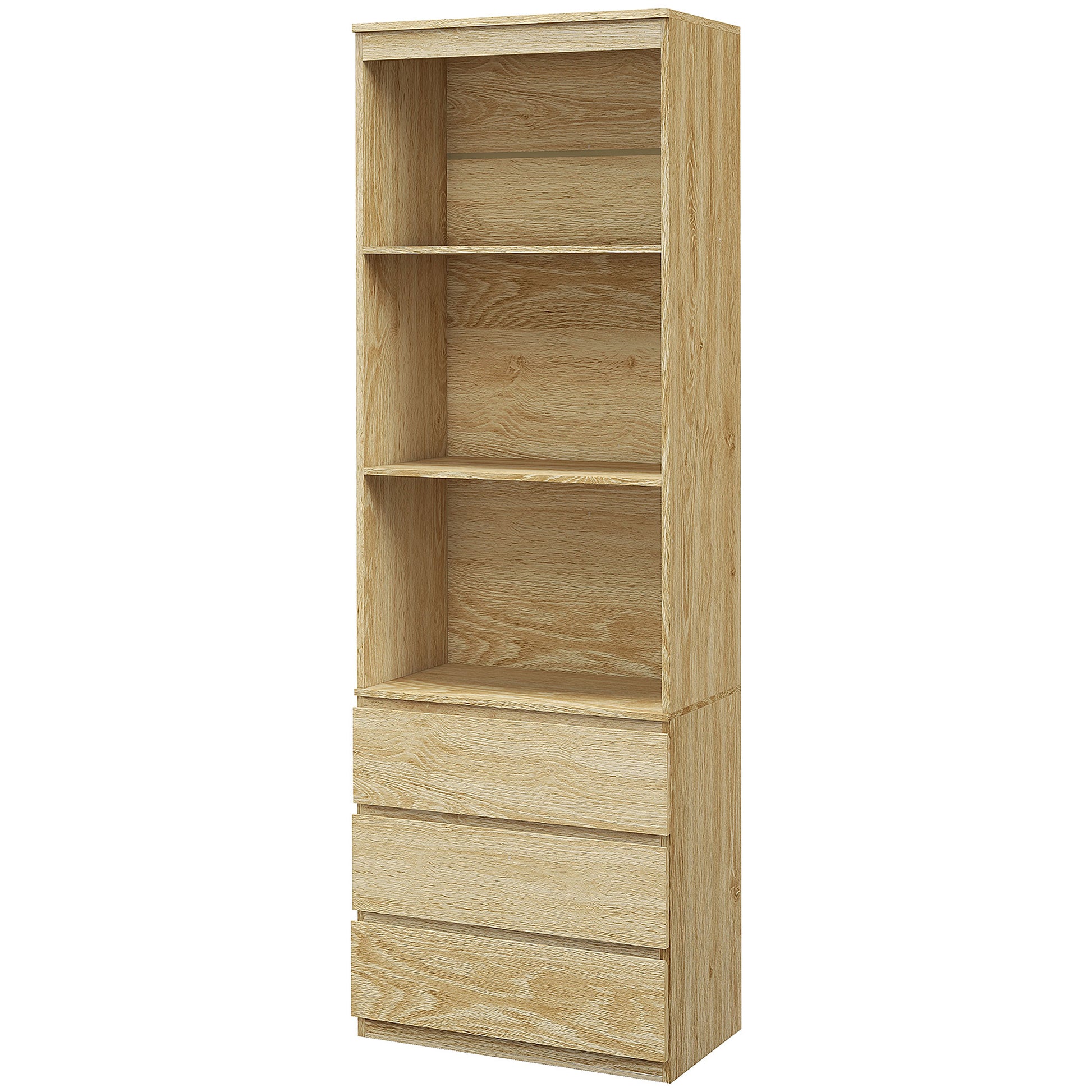 High Bookcase Storage Unit of 180 cm with 3 Shelves and 3 Drawers in Natural Wood Effect 60 x 35 x 180 cm Natural wood effect