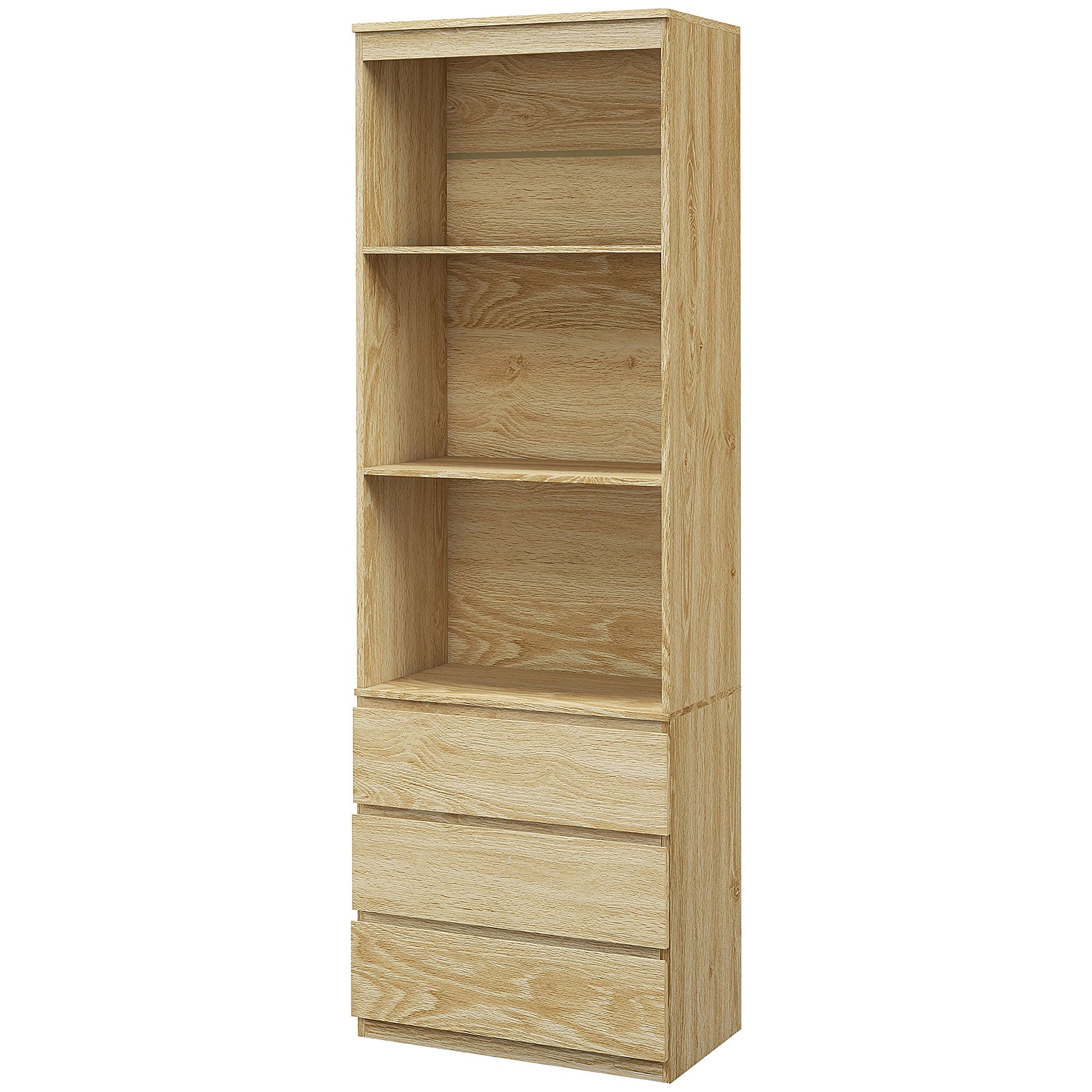 High Bookcase Storage Unit of 180 cm with 3 Shelves and 3 Drawers in Natural Wood Effect 60 x 35 x 180 cm Natural wood effect