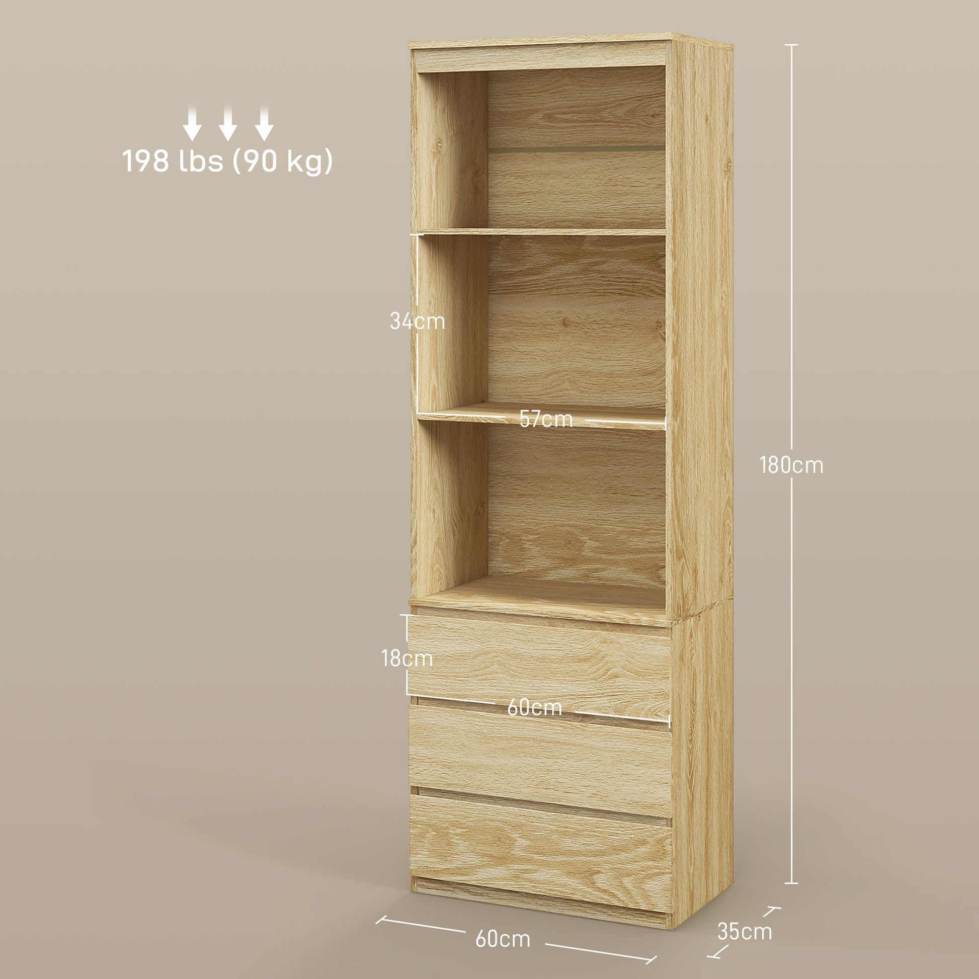 High Bookcase Storage Unit of 180 cm with 3 Shelves and 3 Drawers in Natural Wood Effect 60 x 35 x 180 cm Natural wood effect