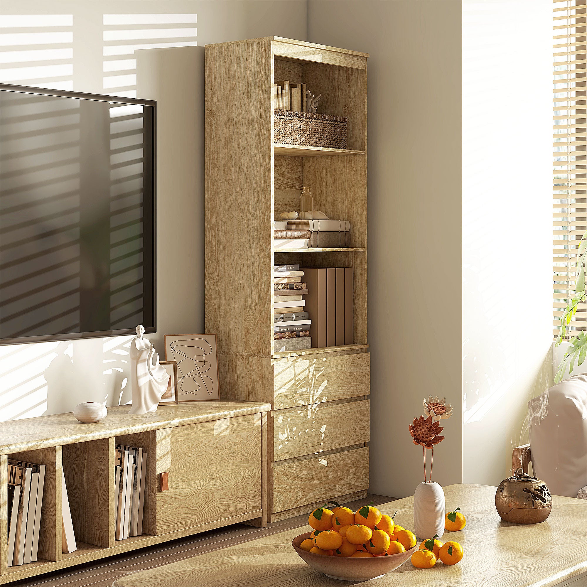 High Bookcase Storage Unit of 180 cm with 3 Shelves and 3 Drawers in Natural Wood Effect 60 x 35 x 180 cm Natural wood effect