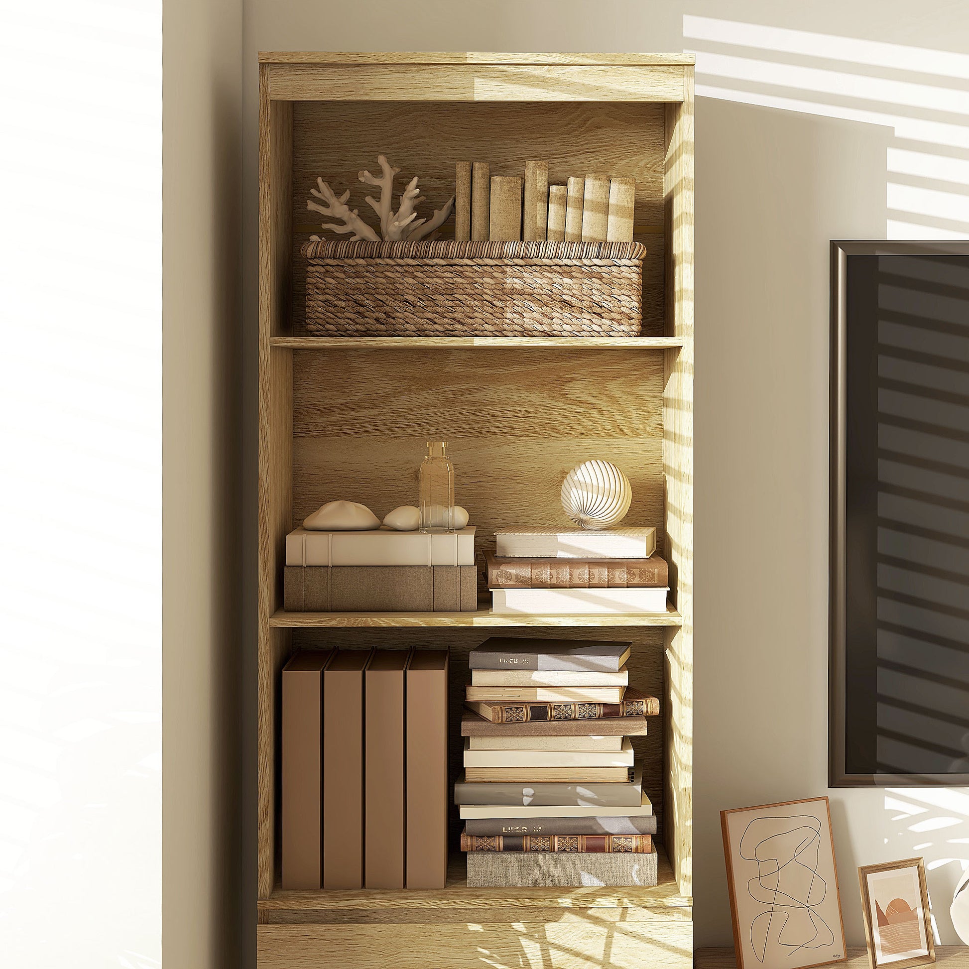 High Bookcase Storage Unit of 180 cm with 3 Shelves and 3 Drawers in Natural Wood Effect 60 x 35 x 180 cm Natural wood effect
