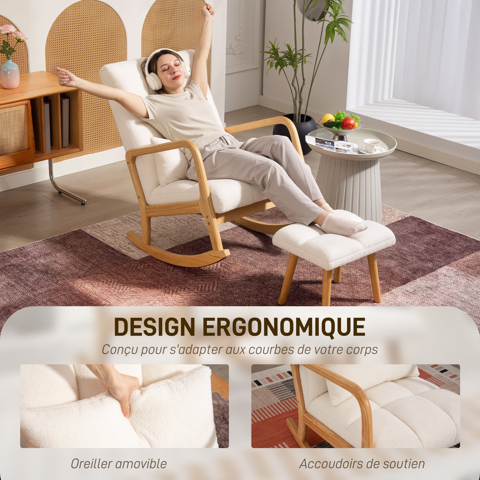 Rocking Chair with Footrest, Rocking Chair, Nursing Chair in Boucle Fabric, Wooden Legs, Cushion Included, Rocking Chair for Living Room, Bedroom, Balcony, White