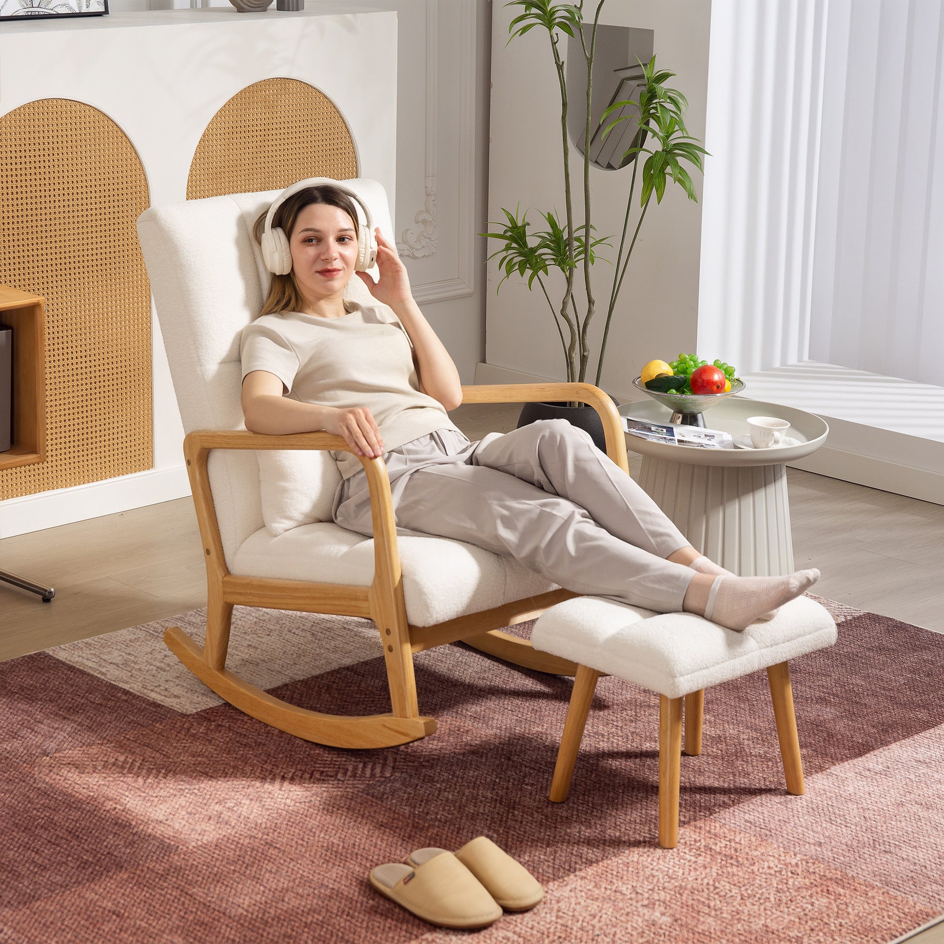 Rocking Chair with Footrest, Rocking Chair, Nursing Chair in Boucle Fabric, Wooden Legs, Cushion Included, Rocking Chair for Living Room, Bedroom, Balcony, White