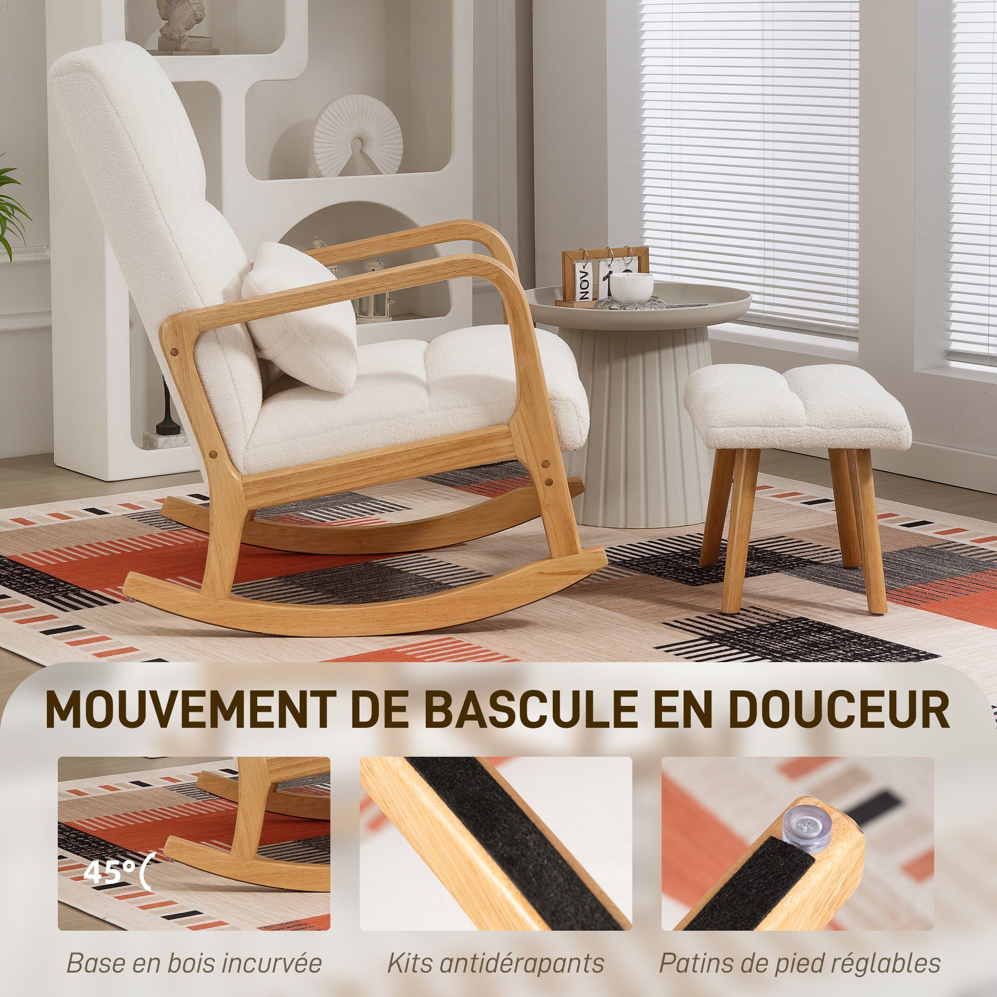 Rocking Chair with Footrest, Rocking Chair, Nursing Chair in Boucle Fabric, Wooden Legs, Cushion Included, Rocking Chair for Living Room, Bedroom, Balcony, White