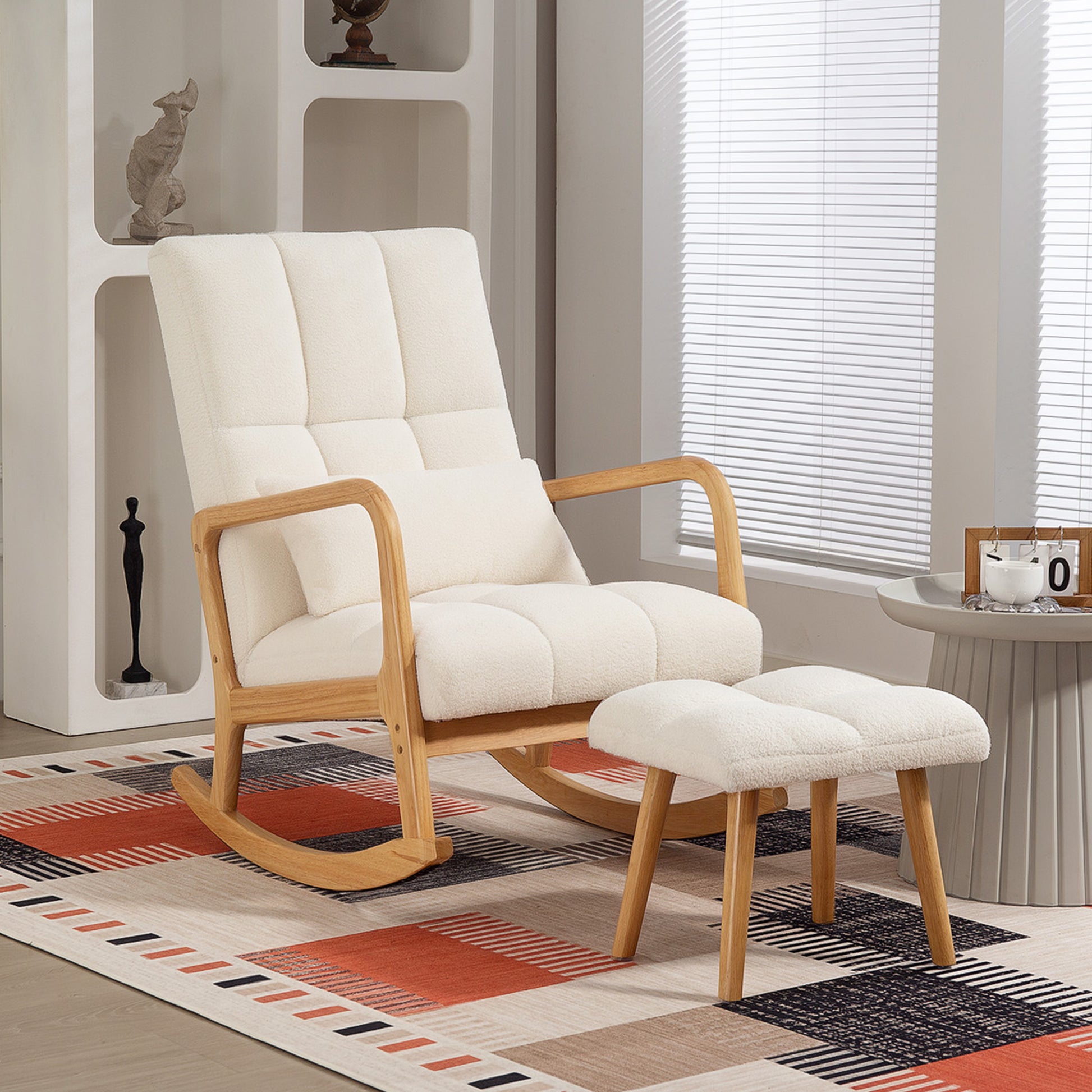 Rocking Chair with Footrest, Rocking Chair, Nursing Chair in Boucle Fabric, Wooden Legs, Cushion Included, Rocking Chair for Living Room, Bedroom, Balcony, White