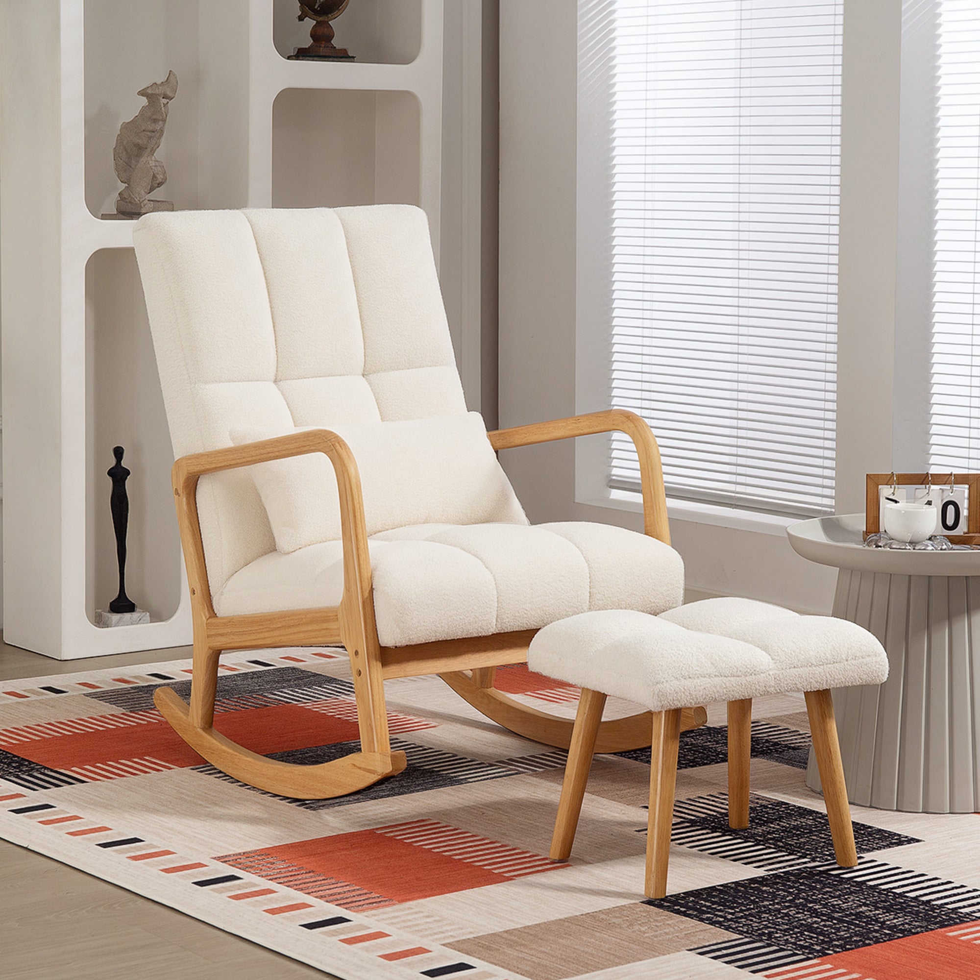 Rocking Chair with Footrest, Rocking Chair, Nursing Chair in Boucle Fabric, Wooden Legs, Cushion Included, Rocking Chair for Living Room, Bedroom, Balcony, White
