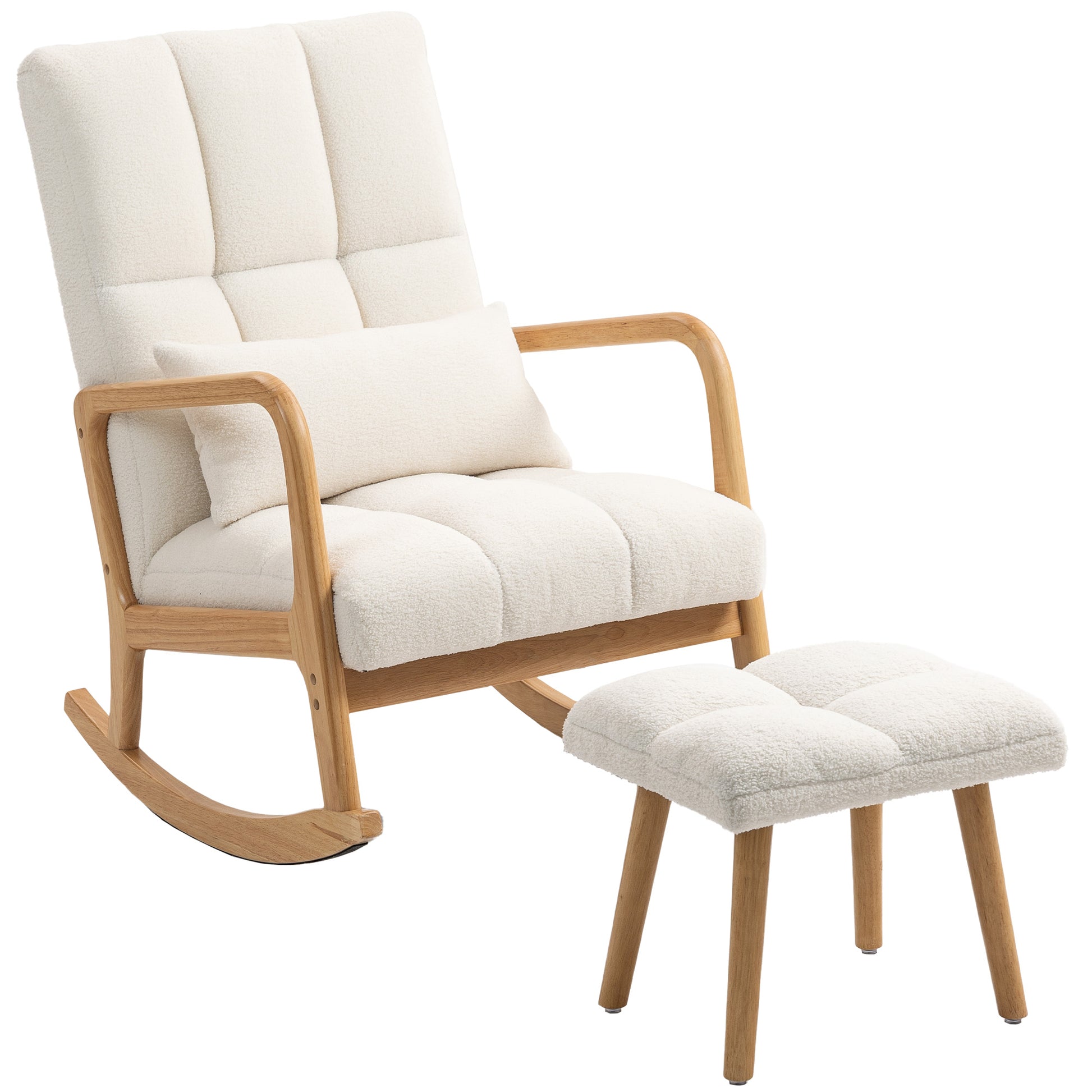 Rocking Chair with Footrest, Rocking Chair, Nursing Chair in Boucle Fabric, Wooden Legs, Cushion Included, Rocking Chair for Living Room, Bedroom, Balcony, White