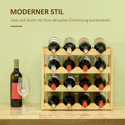 Wine Rack for 16 Bottles Stackable Bottle Rack Bottle Holder Wine Bottle Holder made of Bamboo for Cellar, Storage Room, 43 x 23.5 x 38 cm Natural Wood