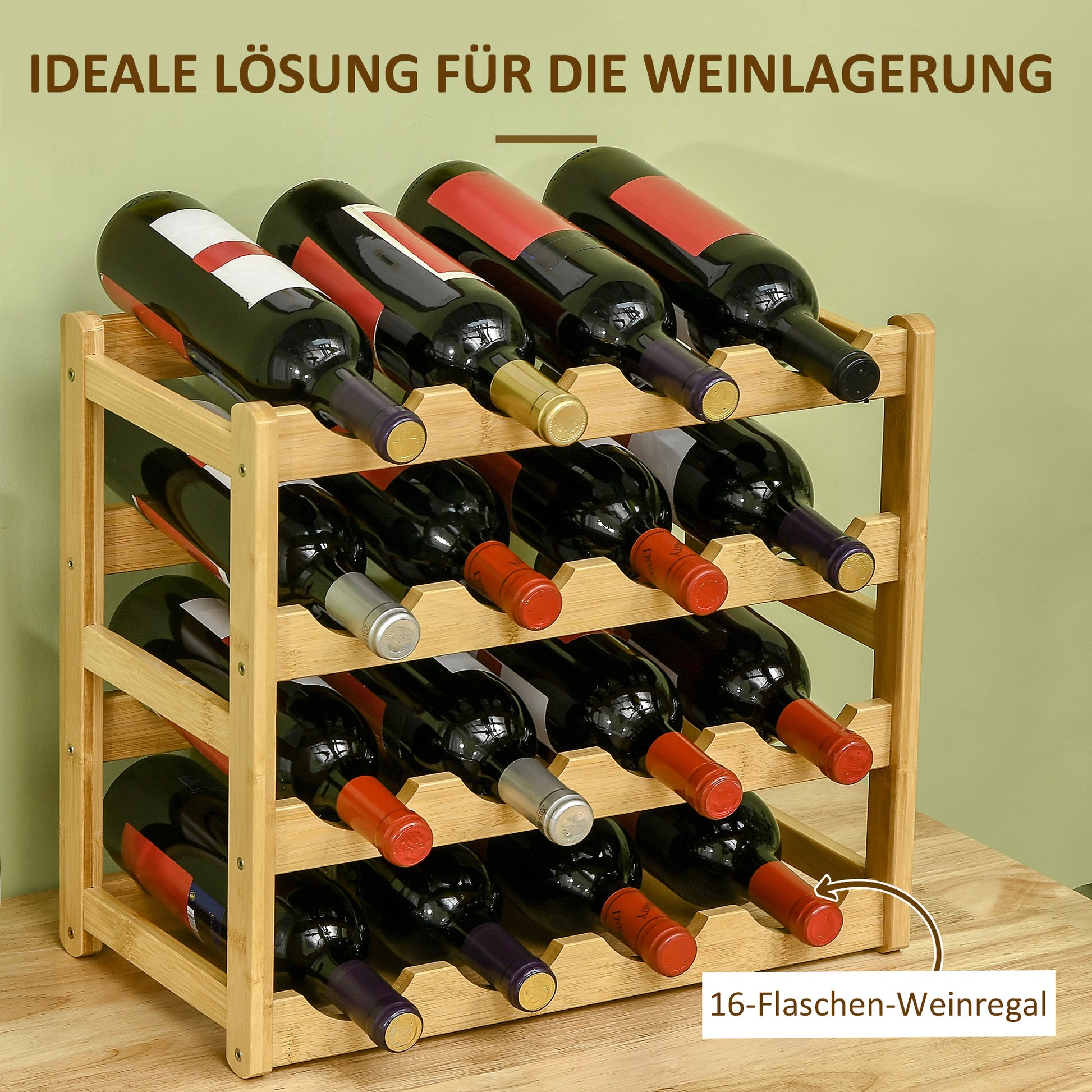 Wine Rack for 16 Bottles Stackable Bottle Rack Bottle Holder Wine Bottle Holder made of Bamboo for Cellar, Storage Room, 43 x 23.5 x 38 cm Natural Wood
