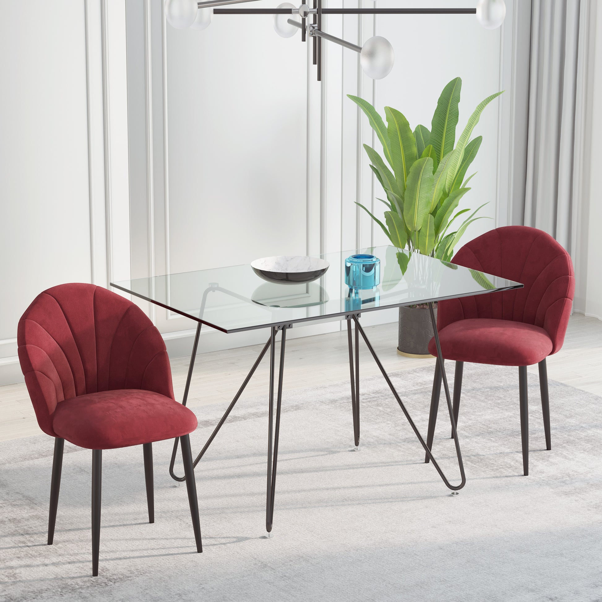 Set of 2 Dining Chairs Kitchen Chair Velvet Bordeaux Black Metal Legs Dimensions 52L x 54W x 79H cm