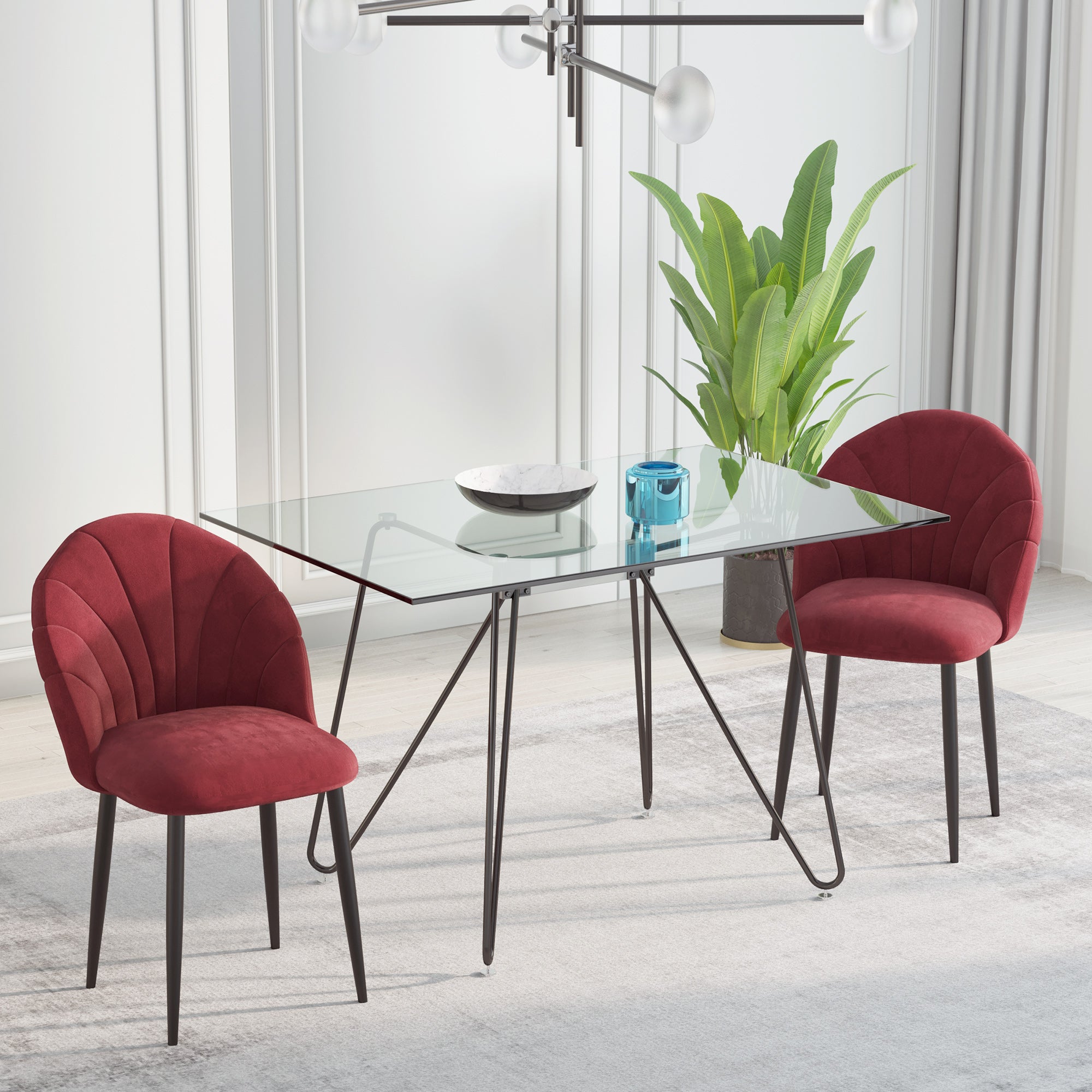 Set of 2 Dining Chairs Kitchen Chair Velvet Bordeaux Black Metal Legs Dimensions 52L x 54W x 79H cm