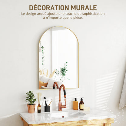 Arched Wall Mirror, Bathroom Mirror, 60 x 90 cm, High Definition, with Aluminum Alloy Frame, for Bedroom, Living Room, Entryway, Gold