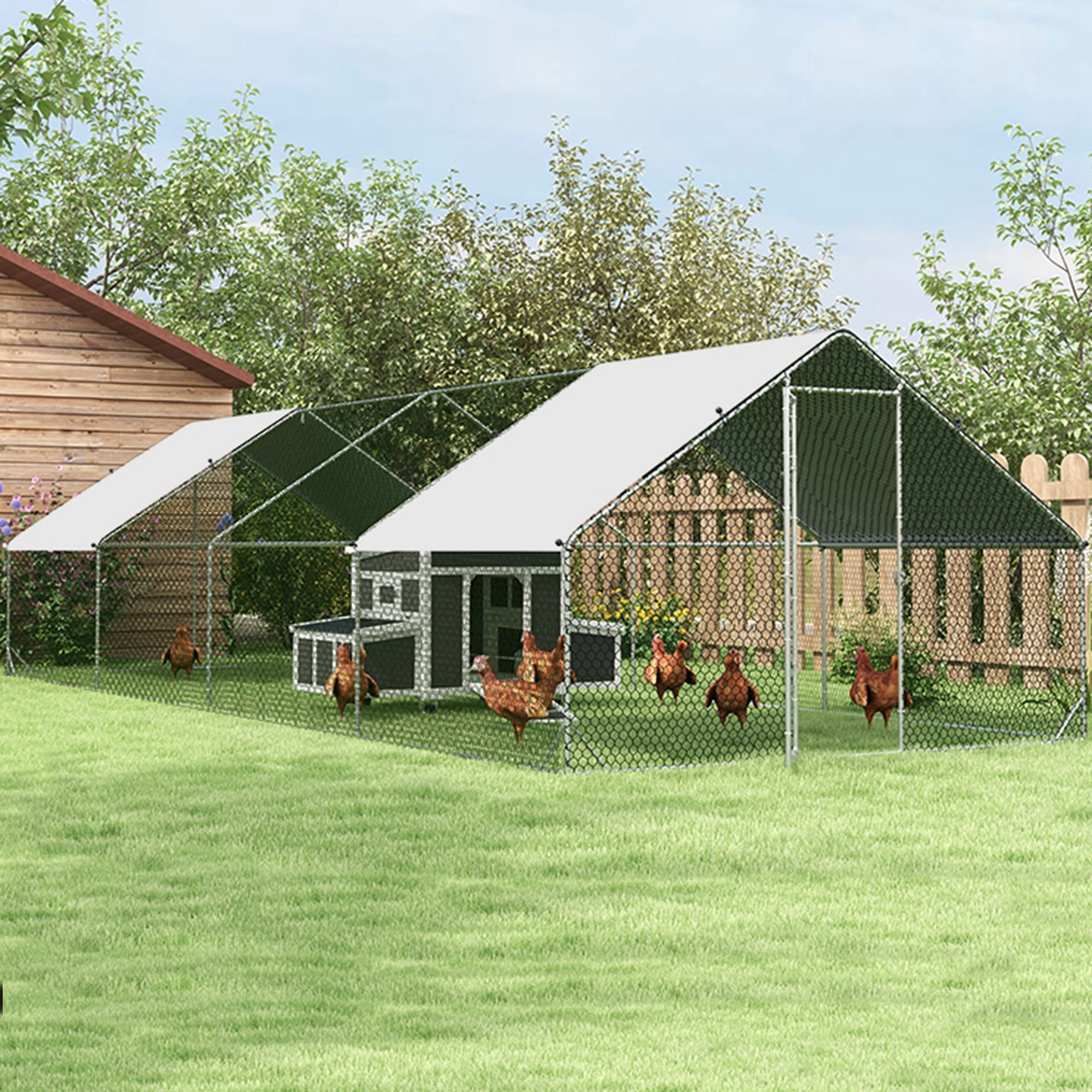 Large Outdoor Chicken Coop 24 m² Cage for 16-24 Chickens 3x8x2 m Galvanized Steel Chicken Coop with PE Cover and Lock - Silver