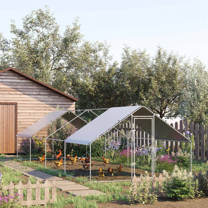 Large Outdoor Chicken Coop 24 m² Cage for 16-24 Chickens 3x8x2 m Galvanized Steel Chicken Coop with PE Cover and Lock - Silver