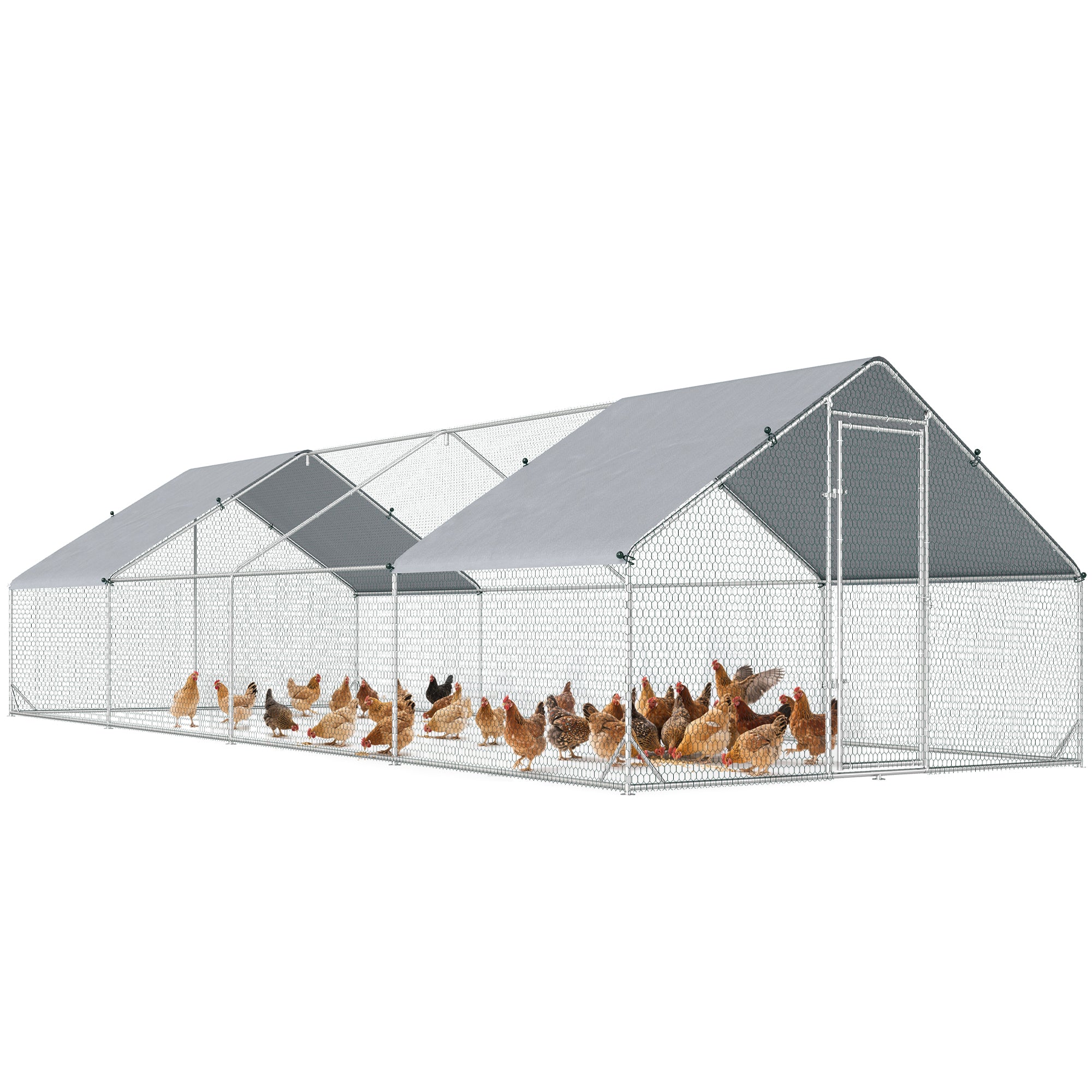 Large Outdoor Chicken Coop 24 m² Cage for 16-24 Chickens 3x8x2 m Galvanized Steel Chicken Coop with PE Cover and Lock - Silver
