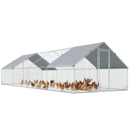 Large Outdoor Chicken Coop 24 m² Cage for 16-24 Chickens 3x8x2 m Galvanized Steel Chicken Coop with PE Cover and Lock - Silver