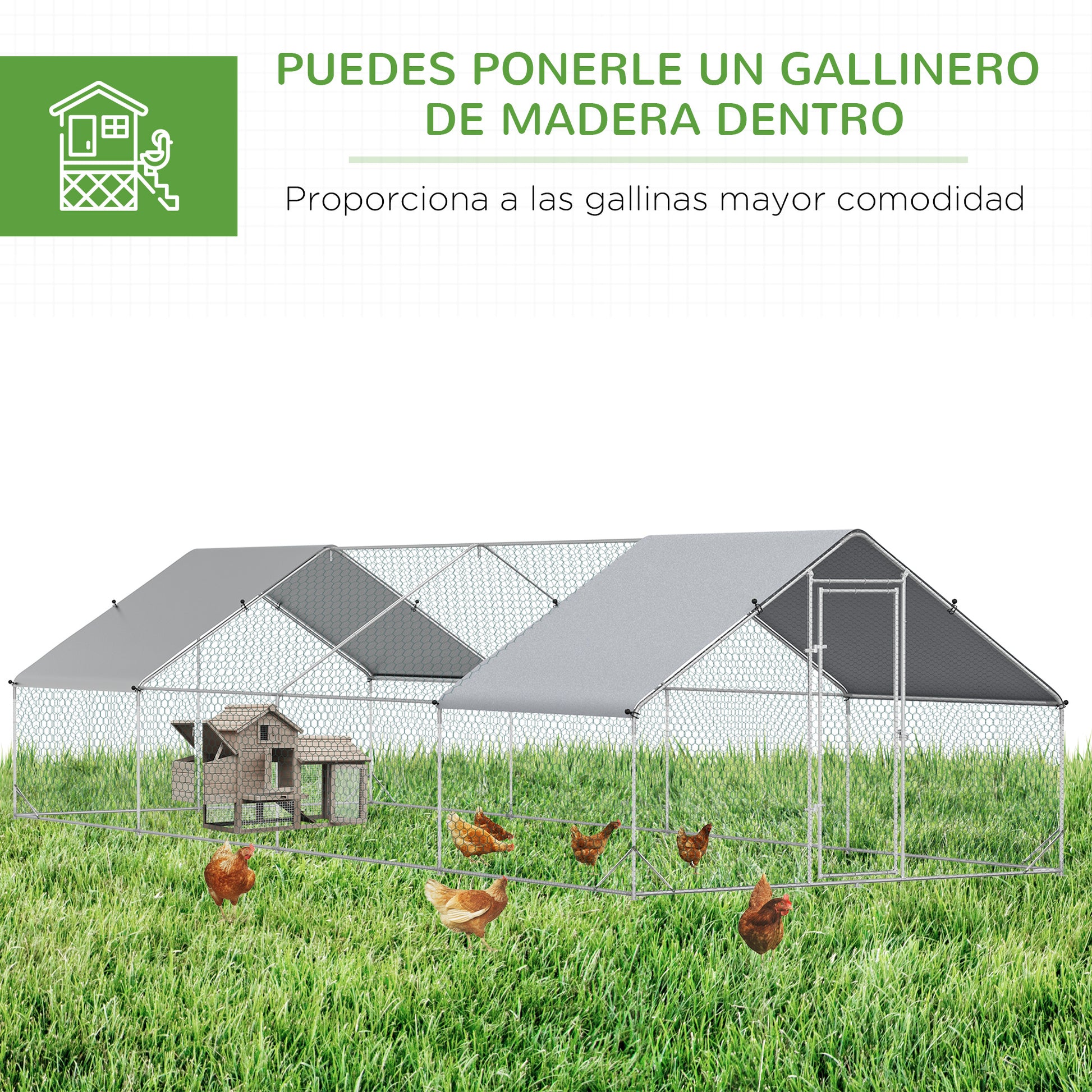 Large Outdoor Chicken Coop 24 m² Cage for 16-24 Chickens 3x8x2 m Galvanized Steel Chicken Coop with PE Cover and Lock - Silver