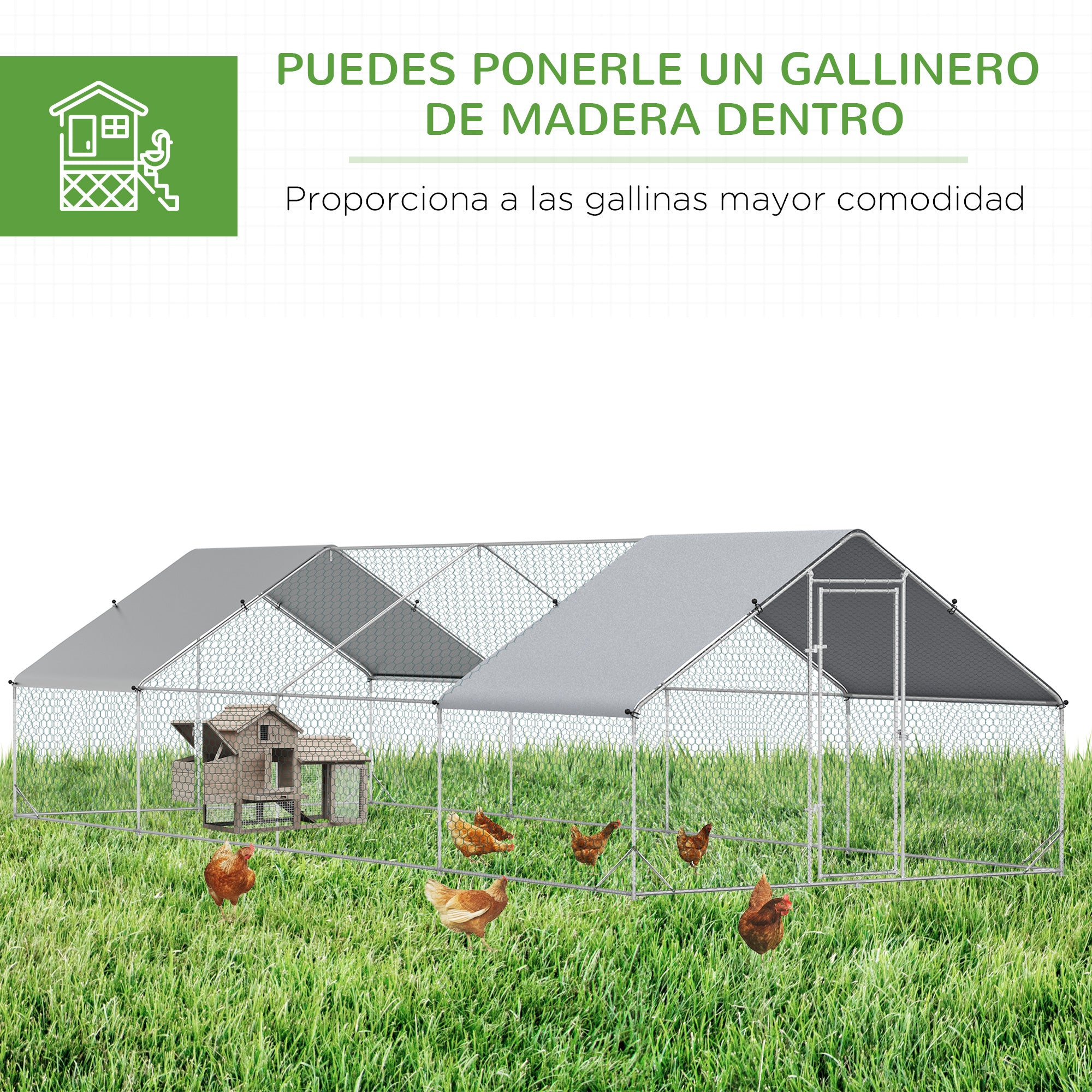 Large Outdoor Chicken Coop 24 m² Cage for 16-24 Chickens 3x8x2 m Galvanized Steel Chicken Coop with PE Cover and Lock - Silver