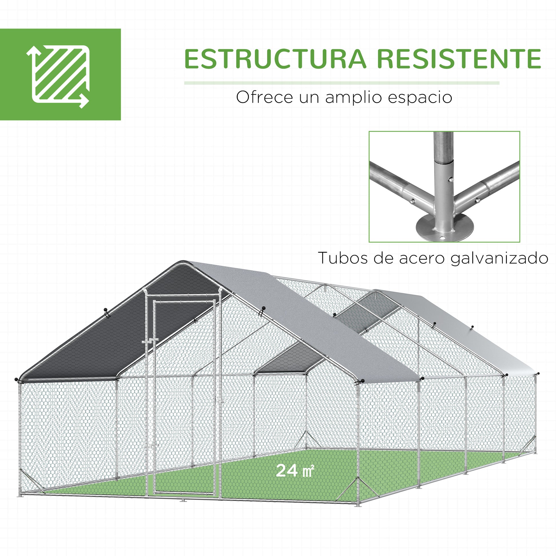 Large Outdoor Chicken Coop 24 m² Cage for 16-24 Chickens 3x8x2 m Galvanized Steel Chicken Coop with PE Cover and Lock - Silver