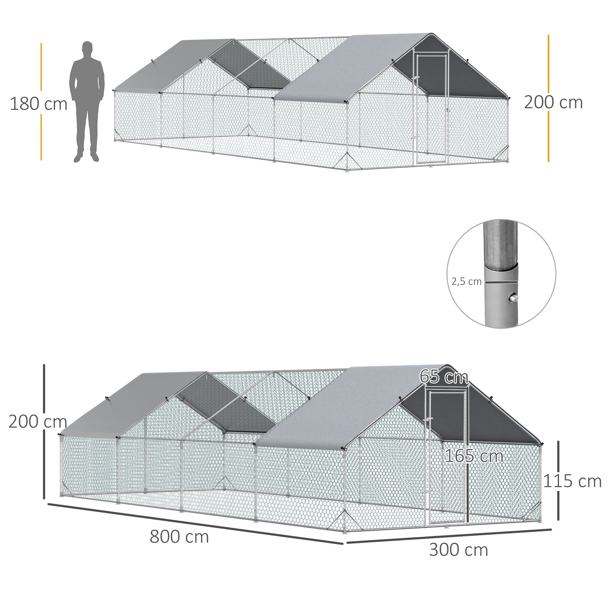 Large Outdoor Chicken Coop 24 m² Cage for 16-24 Chickens 3x8x2 m Galvanized Steel Chicken Coop with PE Cover and Lock - Silver
