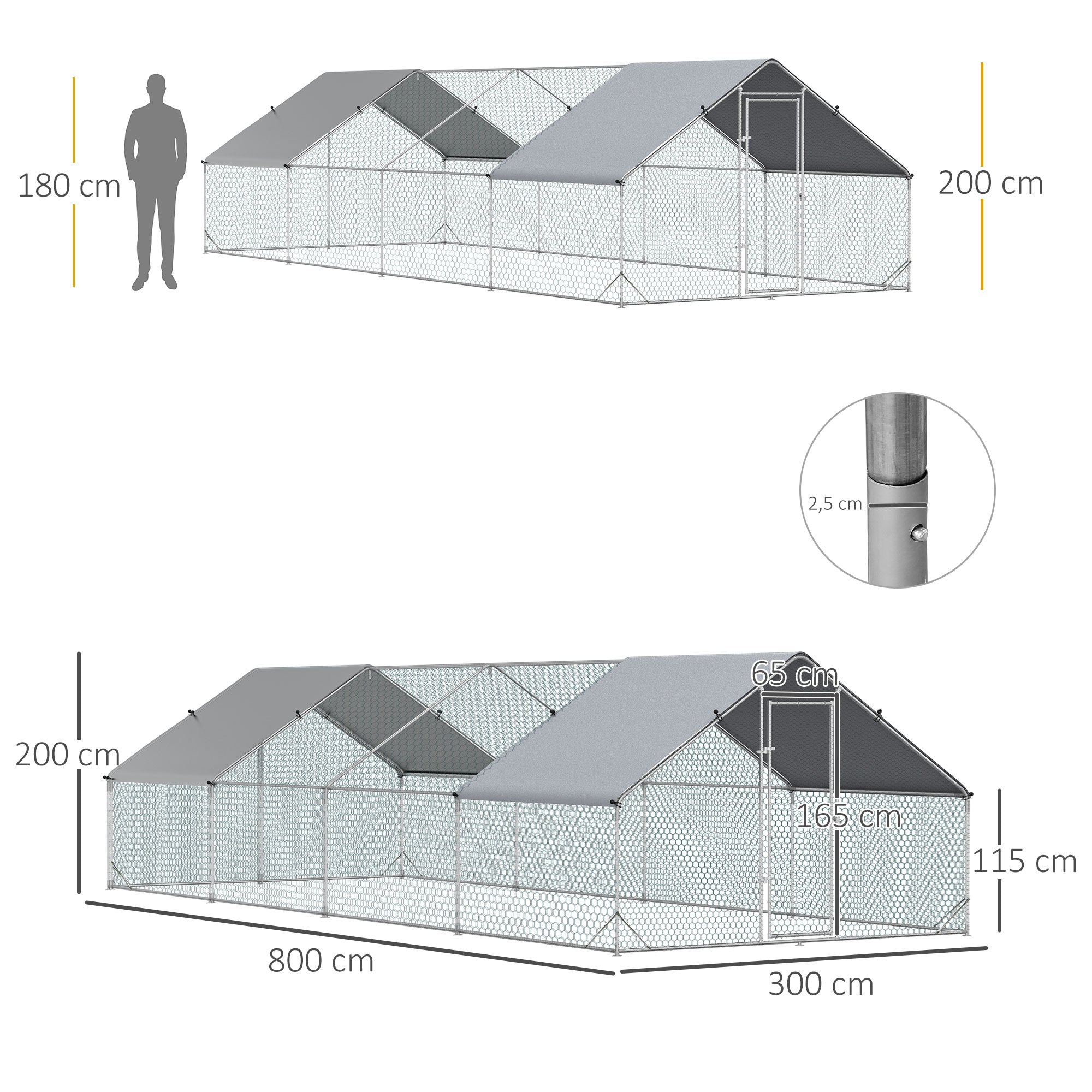 Large Outdoor Chicken Coop 24 m² Cage for 16-24 Chickens 3x8x2 m Galvanized Steel Chicken Coop with PE Cover and Lock - Silver