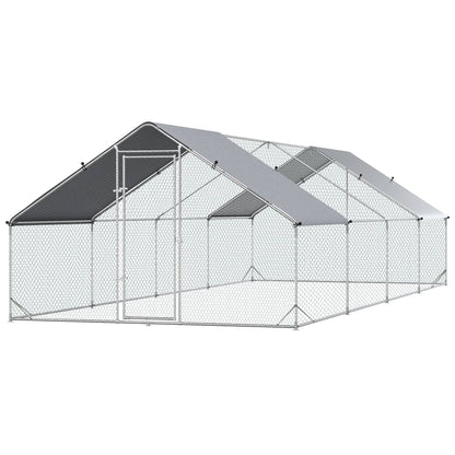 Large Outdoor Chicken Coop 24 m² Cage for 16-24 Chickens 3x8x2 m Galvanized Steel Chicken Coop with PE Cover and Lock - Silver