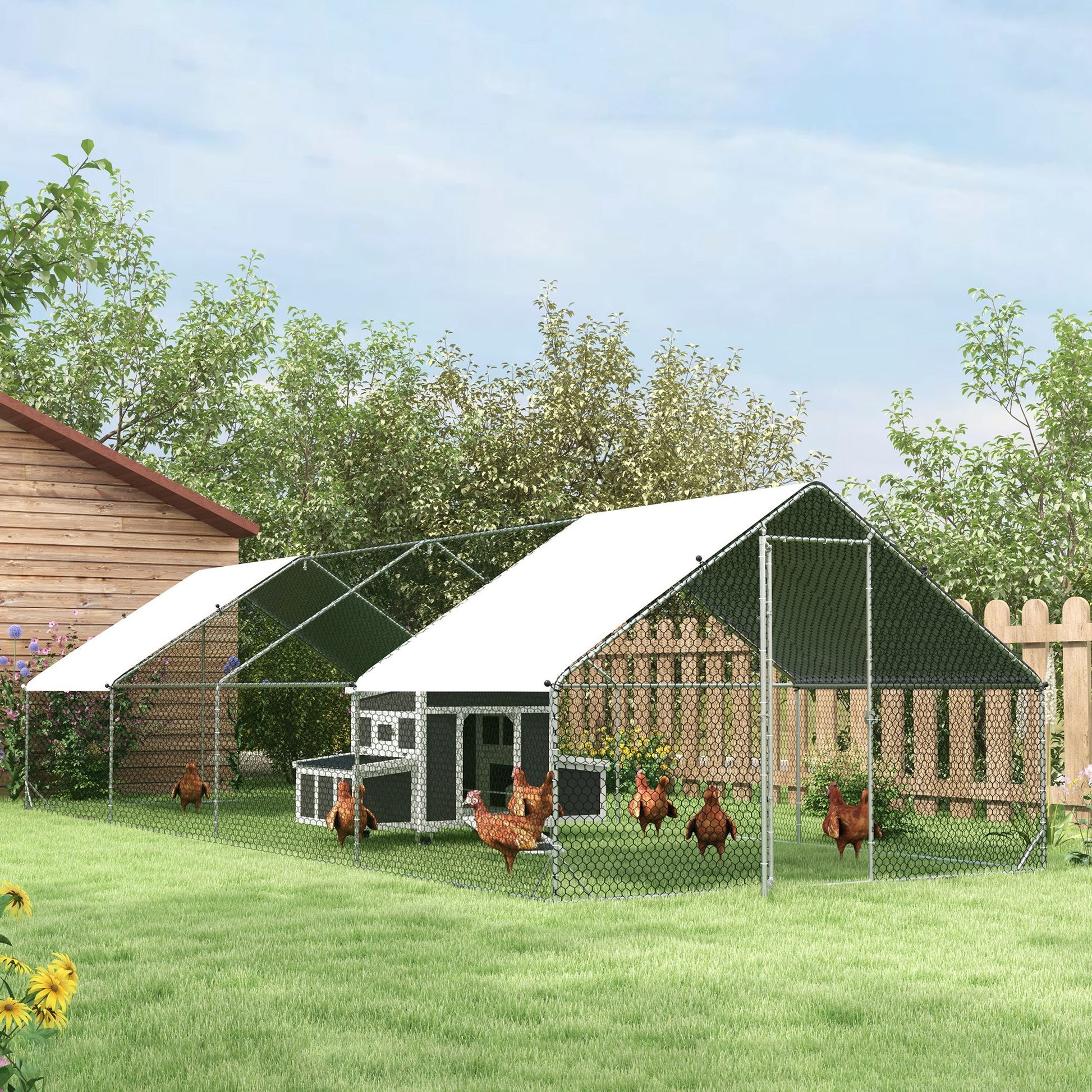 Large Outdoor Chicken Coop 24 m² Cage for 16-24 Chickens 3x8x2 m Galvanized Steel Chicken Coop with PE Cover and Lock - Silver