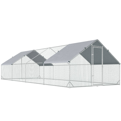Large Outdoor Chicken Coop 24 m² Cage for 16-24 Chickens 3x8x2 m Galvanized Steel Chicken Coop with PE Cover and Lock - Silver