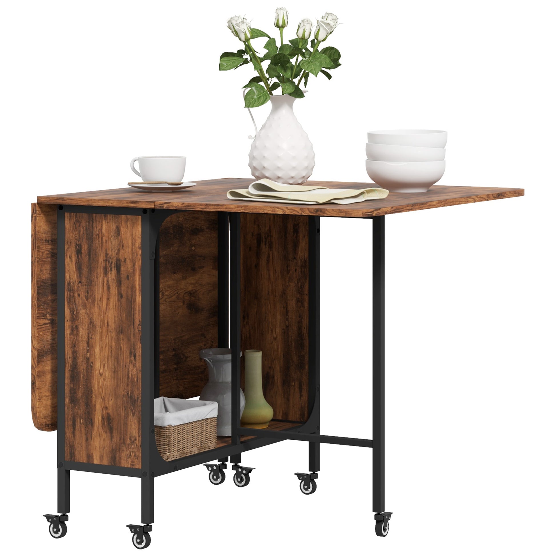 Folding Dining Table Mobile Foldable Table with Open Shelf Dining Table Kitchen Table for Small Spaces, Kitchen, Dining Room 130 x 80 x 74 cm Rustic Brown