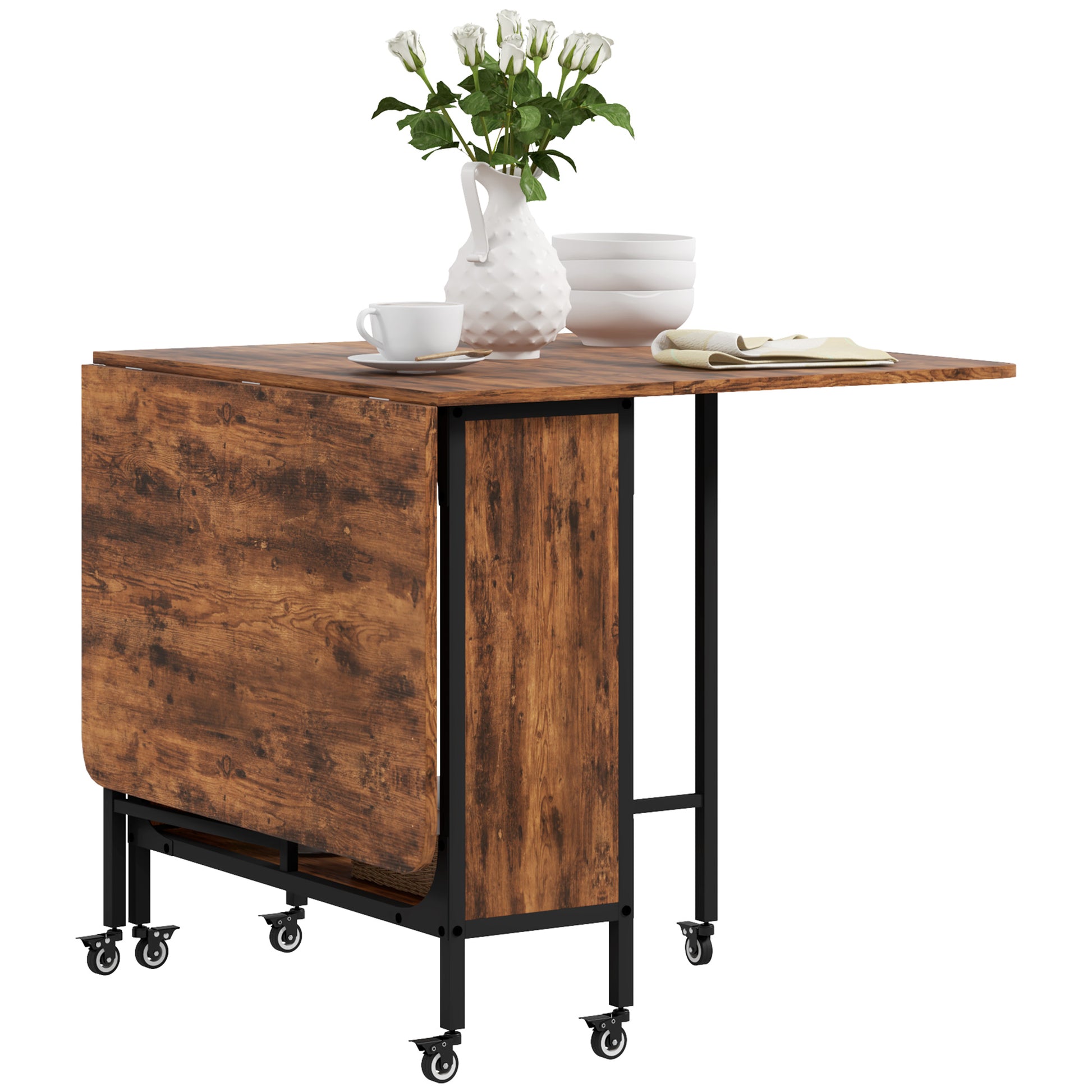 Folding Dining Table Mobile Foldable Table with Open Shelf Dining Table Kitchen Table for Small Spaces, Kitchen, Dining Room 130 x 80 x 74 cm Rustic Brown