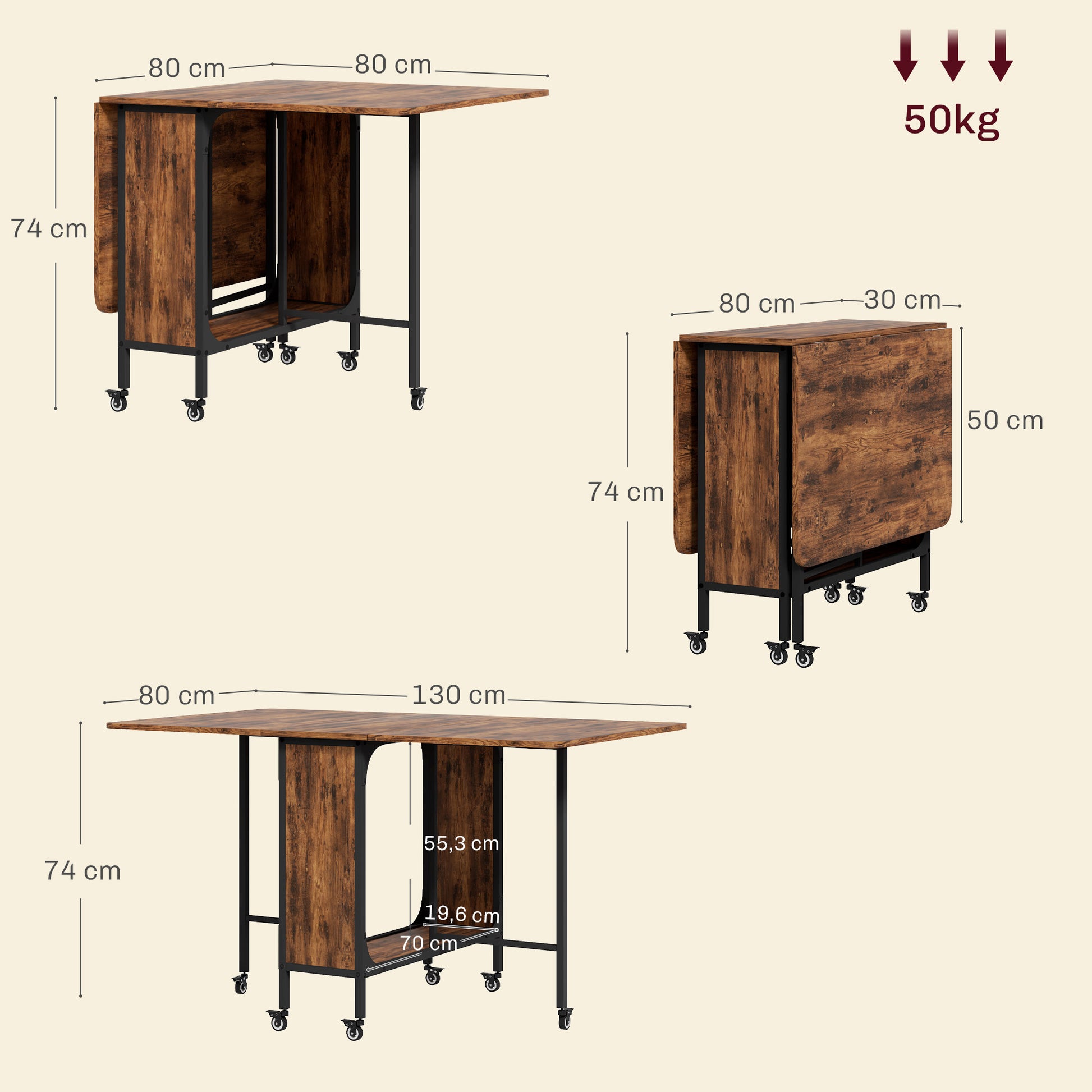 Folding Dining Table Mobile Foldable Table with Open Shelf Dining Table Kitchen Table for Small Spaces, Kitchen, Dining Room 130 x 80 x 74 cm Rustic Brown