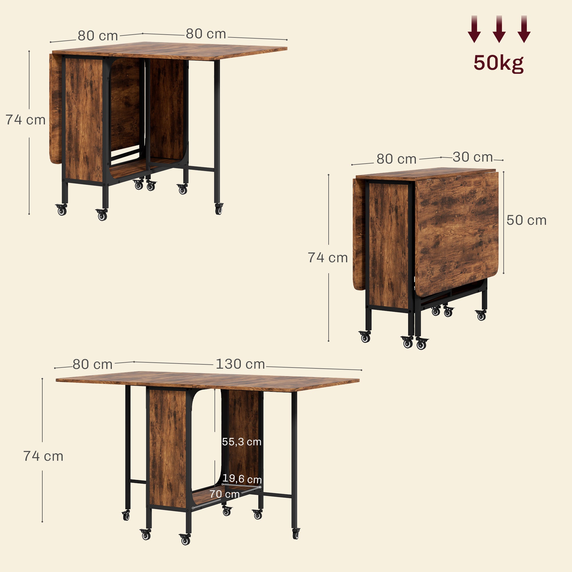 Folding Dining Table Mobile Foldable Table with Open Shelf Dining Table Kitchen Table for Small Spaces, Kitchen, Dining Room 130 x 80 x 74 cm Rustic Brown