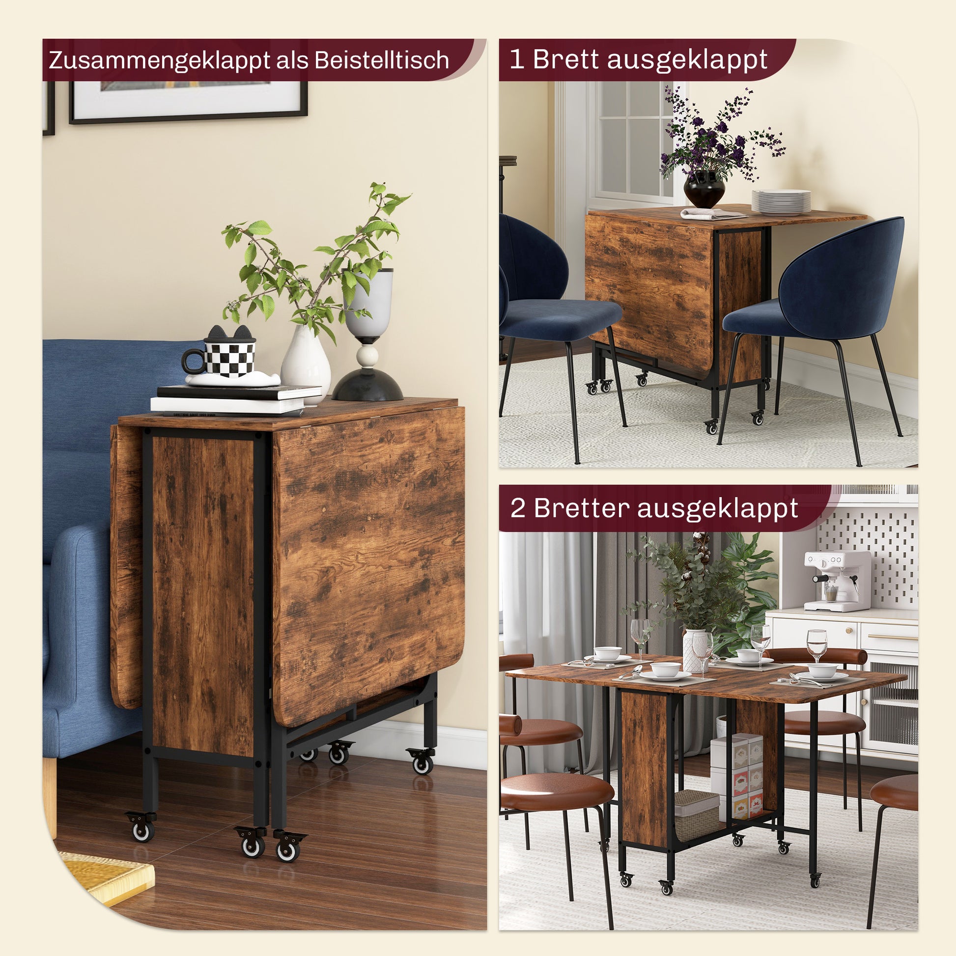 Folding Dining Table Mobile Foldable Table with Open Shelf Dining Table Kitchen Table for Small Spaces, Kitchen, Dining Room 130 x 80 x 74 cm Rustic Brown