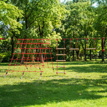 Ninja Line Kids 33 ft (10 m) Slackline Play Set — Rings, Swing, Ladder & Climbing Net — Outdoor Playset for Ages 3–6, Red