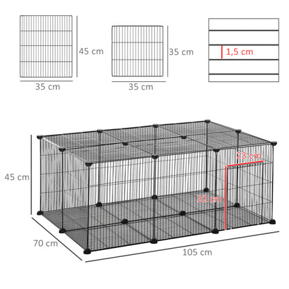 Pet Playpen DIY Cage for Small Animals with 22 Mesh Panels and Door Rabbits Guinea Pig 105x70x45 cm Black