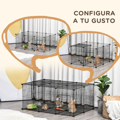 Pet Playpen DIY Cage for Small Animals with 22 Mesh Panels and Door Rabbits Guinea Pig 105x70x45 cm Black