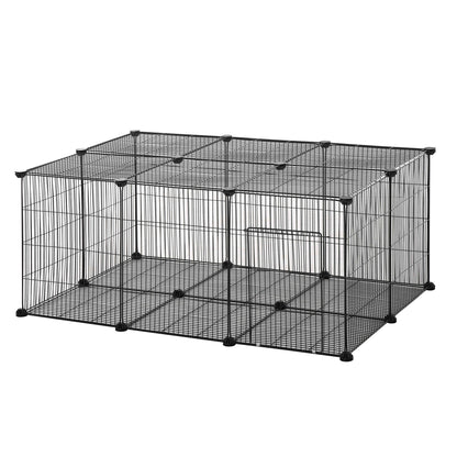 Pet Playpen DIY Cage for Small Animals with 22 Mesh Panels and Door Rabbits Guinea Pig 105x70x45 cm Black
