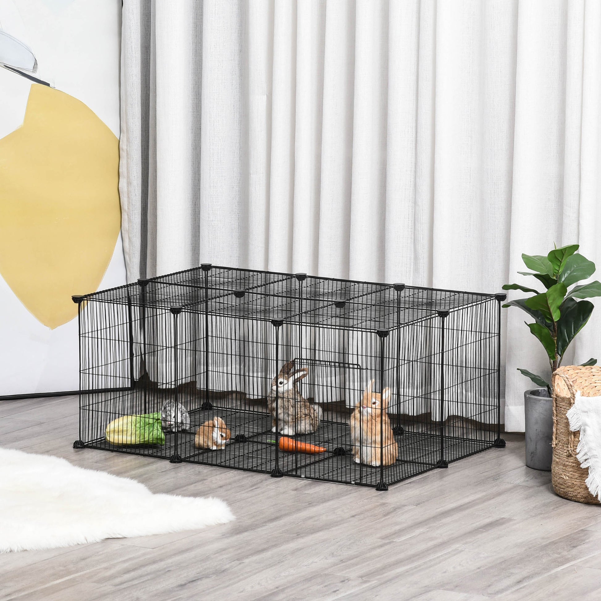 Pet Playpen DIY Cage for Small Animals with 22 Mesh Panels and Door Rabbits Guinea Pig 105x70x45 cm Black