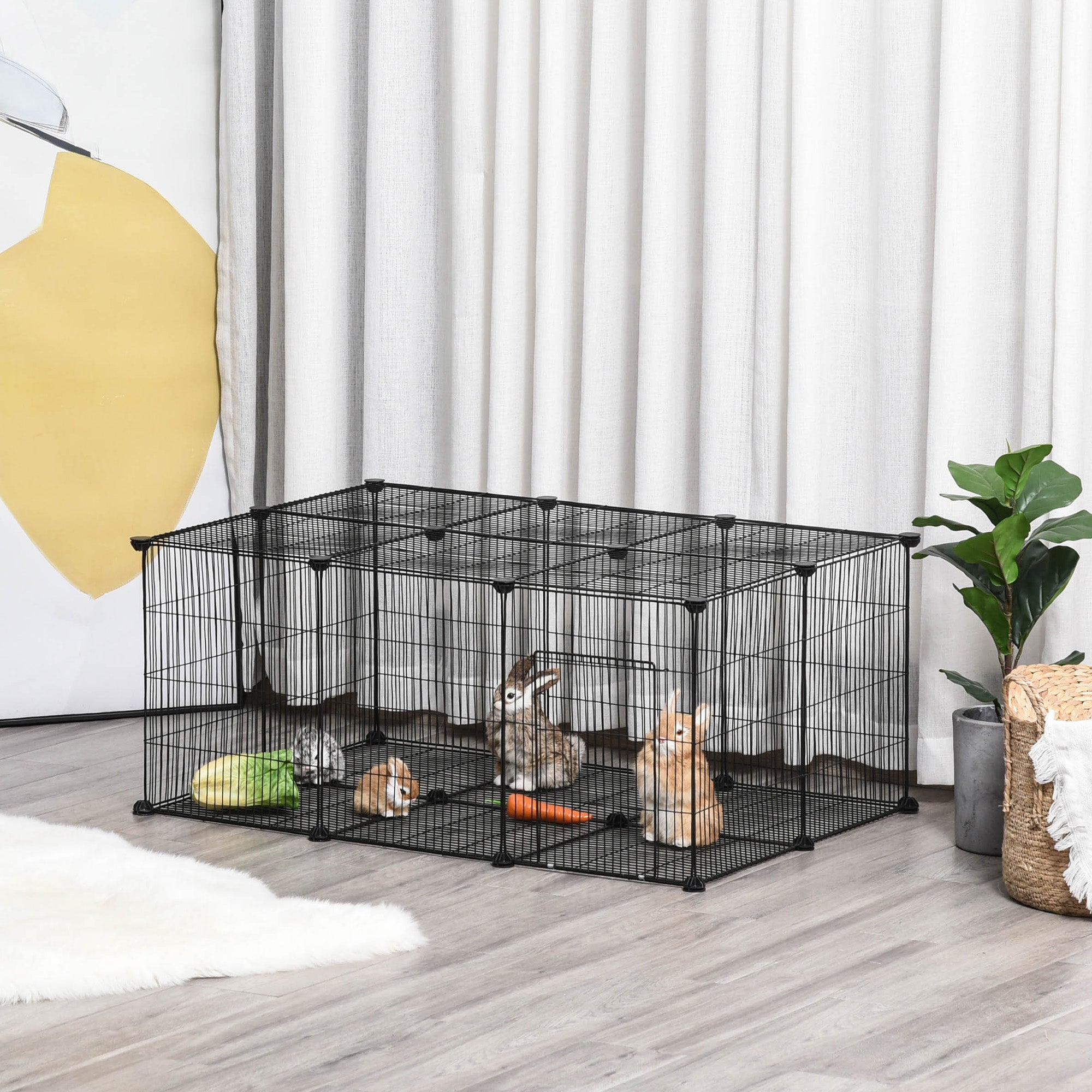 Pet Playpen DIY Cage for Small Animals with 22 Mesh Panels and Door Rabbits Guinea Pig 105x70x45 cm Black