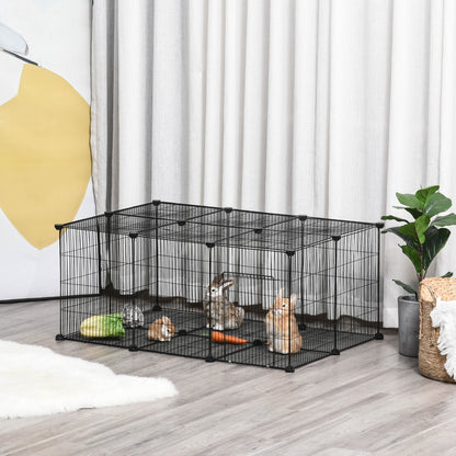 Pet Playpen DIY Cage for Small Animals with 22 Mesh Panels and Door Rabbits Guinea Pig 105x70x45 cm Black