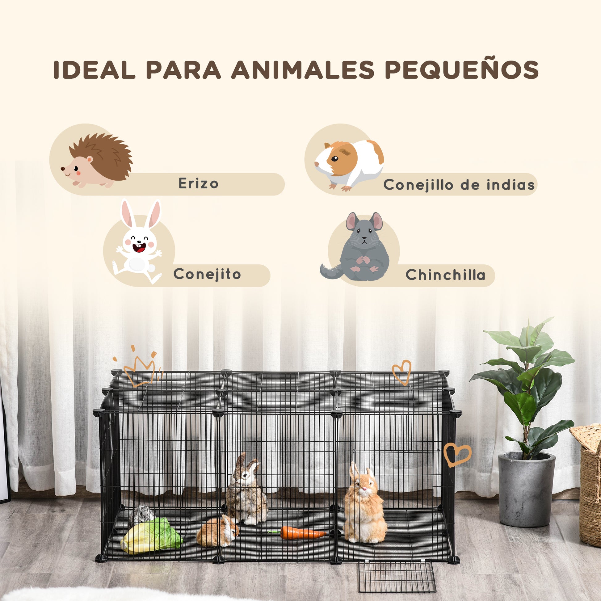 Pet Playpen DIY Cage for Small Animals with 22 Mesh Panels and Door Rabbits Guinea Pig 105x70x45 cm Black