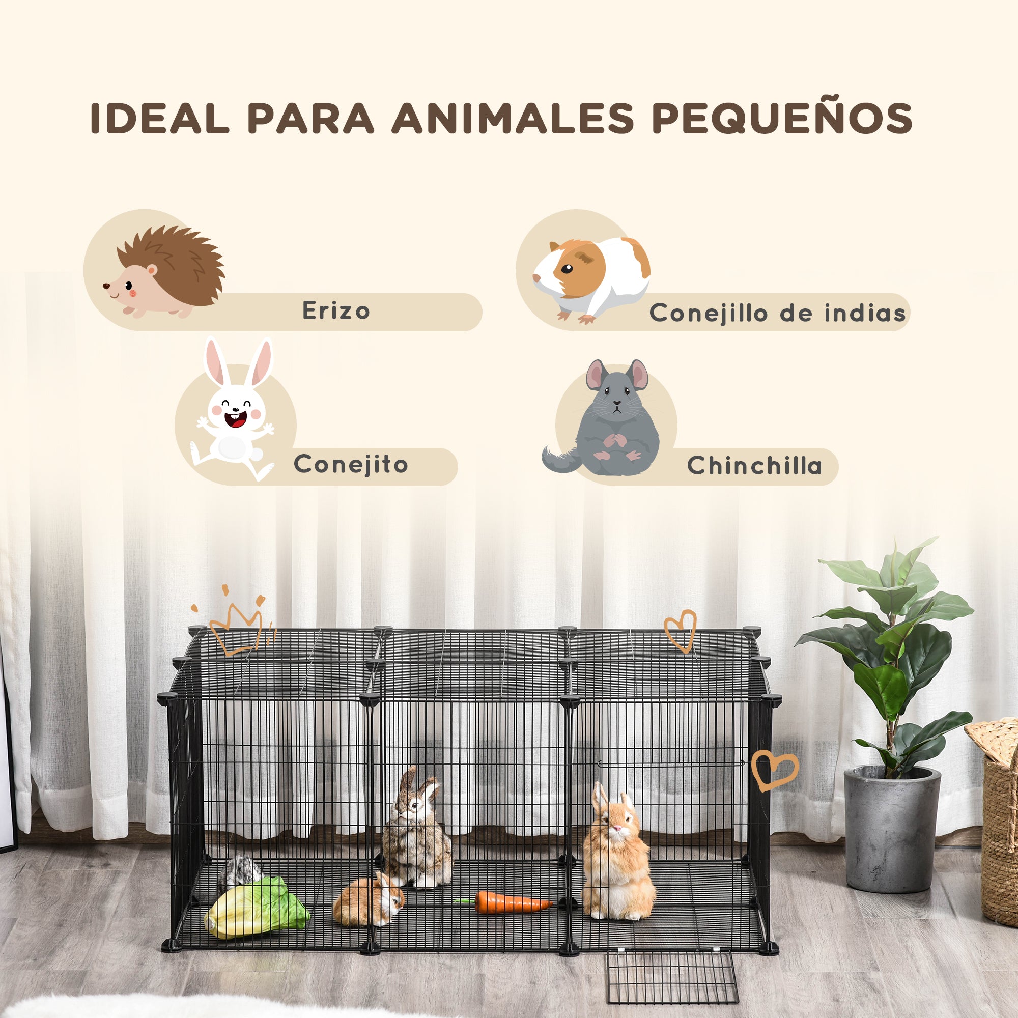 Pet Playpen DIY Cage for Small Animals with 22 Mesh Panels and Door Rabbits Guinea Pig 105x70x45 cm Black