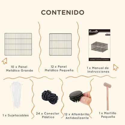 Pet Playpen DIY Cage for Small Animals with 22 Mesh Panels and Door Rabbits Guinea Pig 105x70x45 cm Black